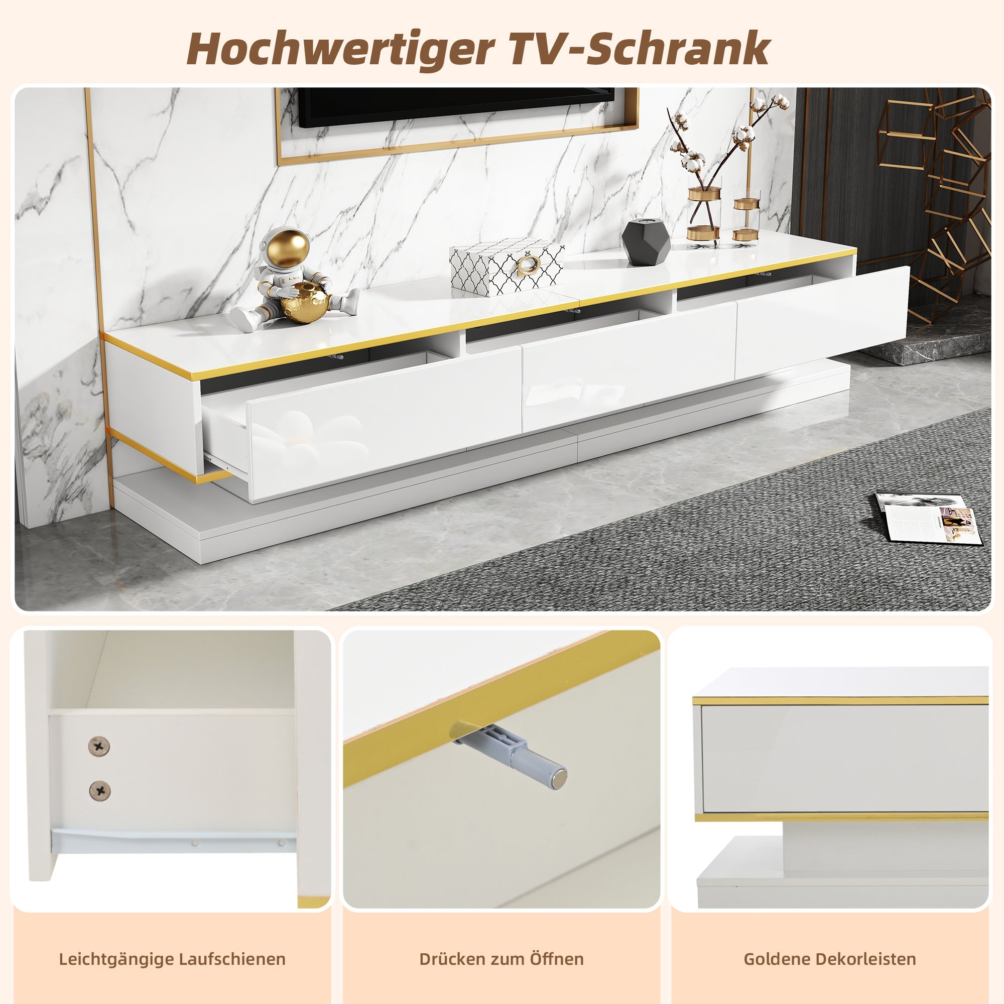 TV Cabinet, 200x40x40cm Lowboard with 3 Drawers, High-Gloss, Warm White with Gold Edge