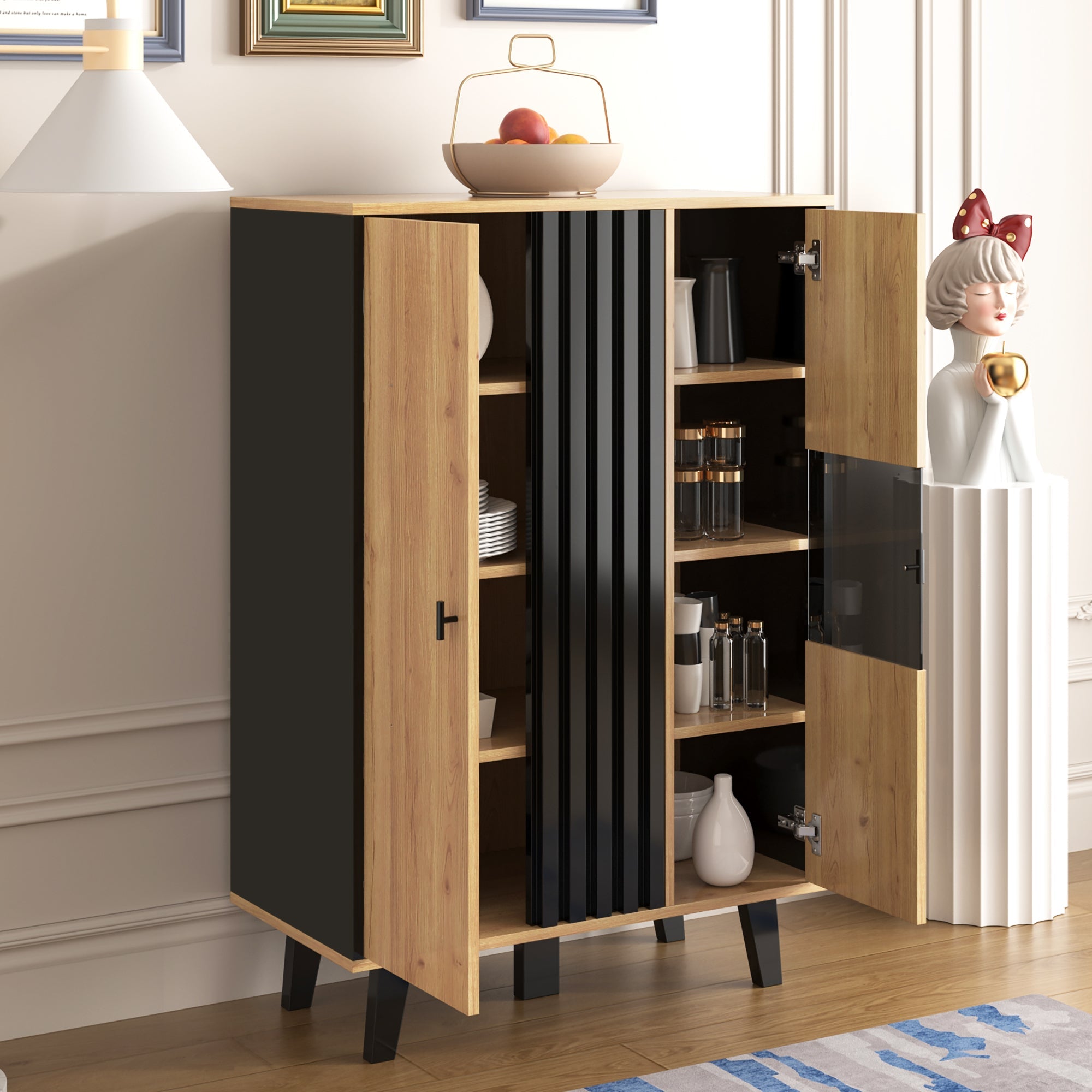 Display Cabinet Sideboard with Glass and LED Lighting, Black and Wood Tones