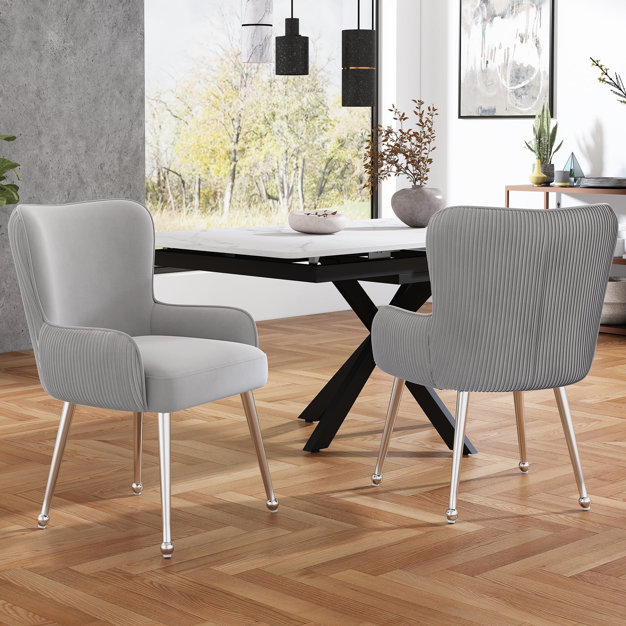 Velvet Dining Chair Set of 4 with Armrests Lumbar Support Adjustable Feet Grey