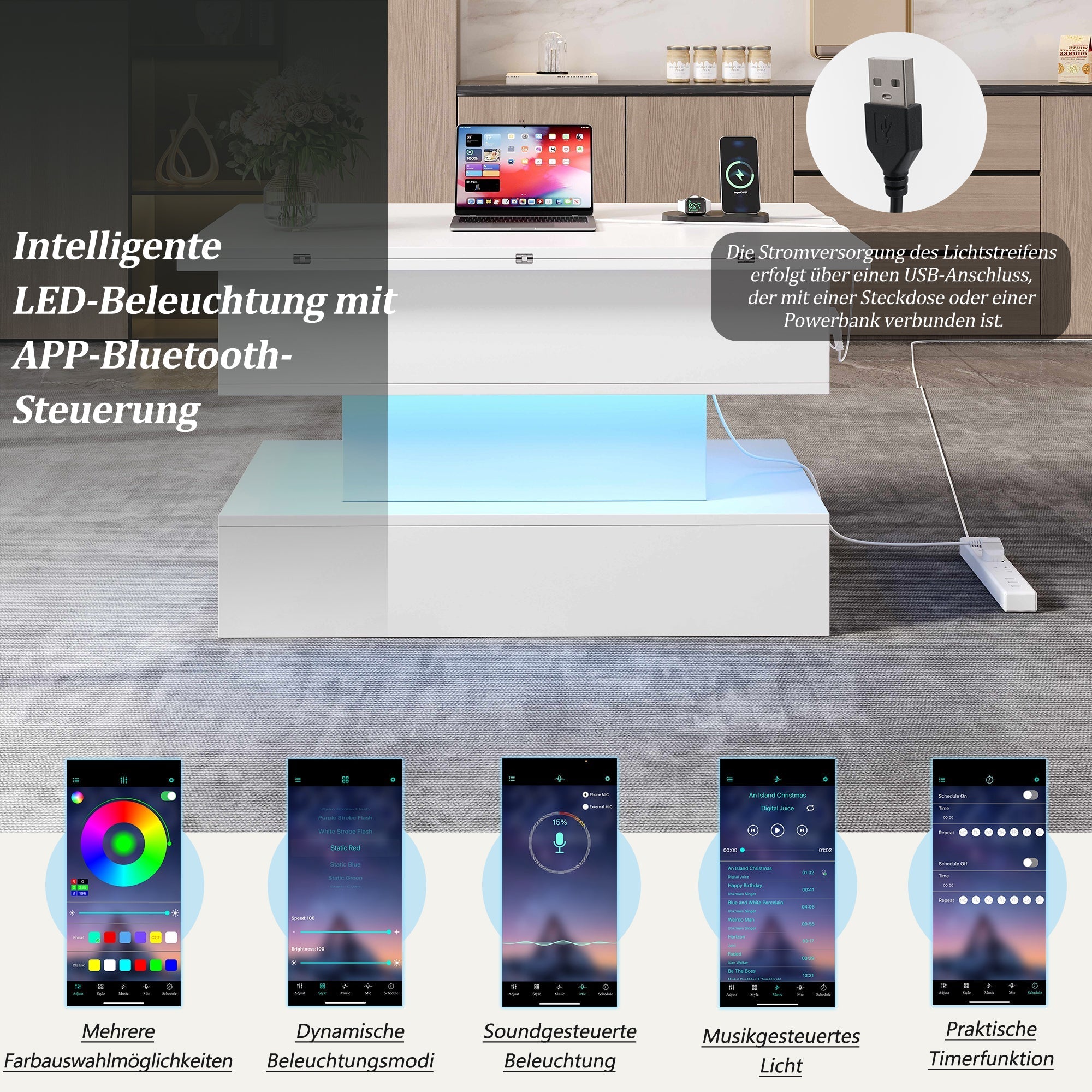 Coffee Table 100x50x51.5cm Lift-Top LED USB Power Outlet Storage, White