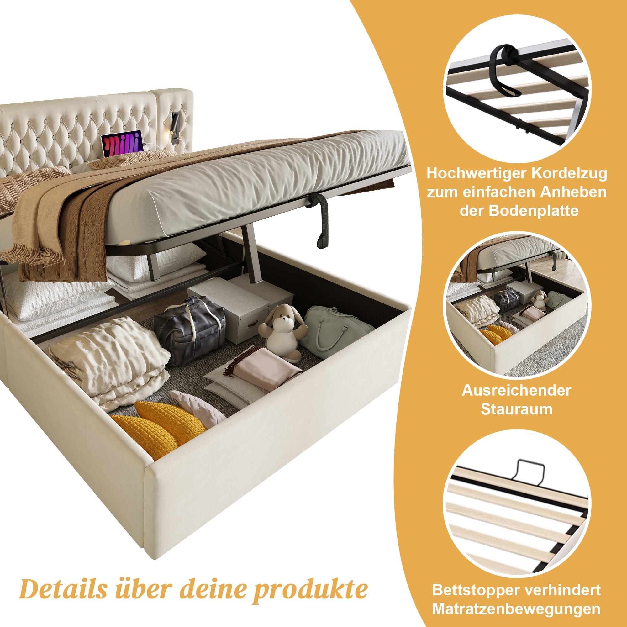 Bedroom Complete Set, Upholstered Hydraulic Storage Bed 160×200 cm, 2 Bedside Tables, Headboard Reading Light with USB Charging, Beige Velvet