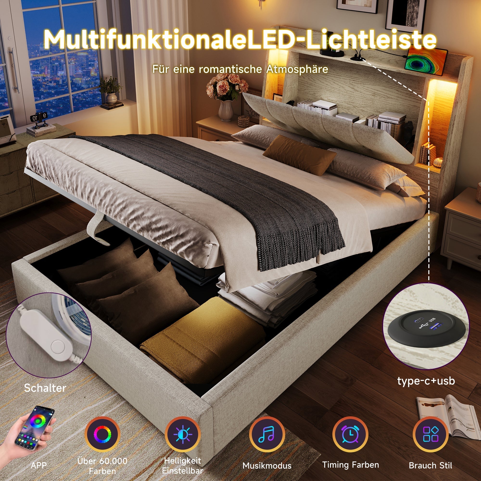Upholstered Bed 90x200cm Storage LED USB/Type-C App Control - Linen Beige