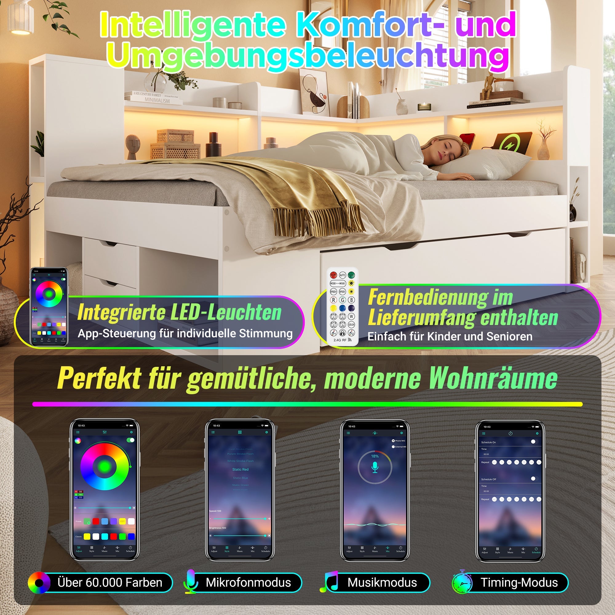 Daybed with LED, Charging Station and Storage, 90x200cm, White Wood-based Material