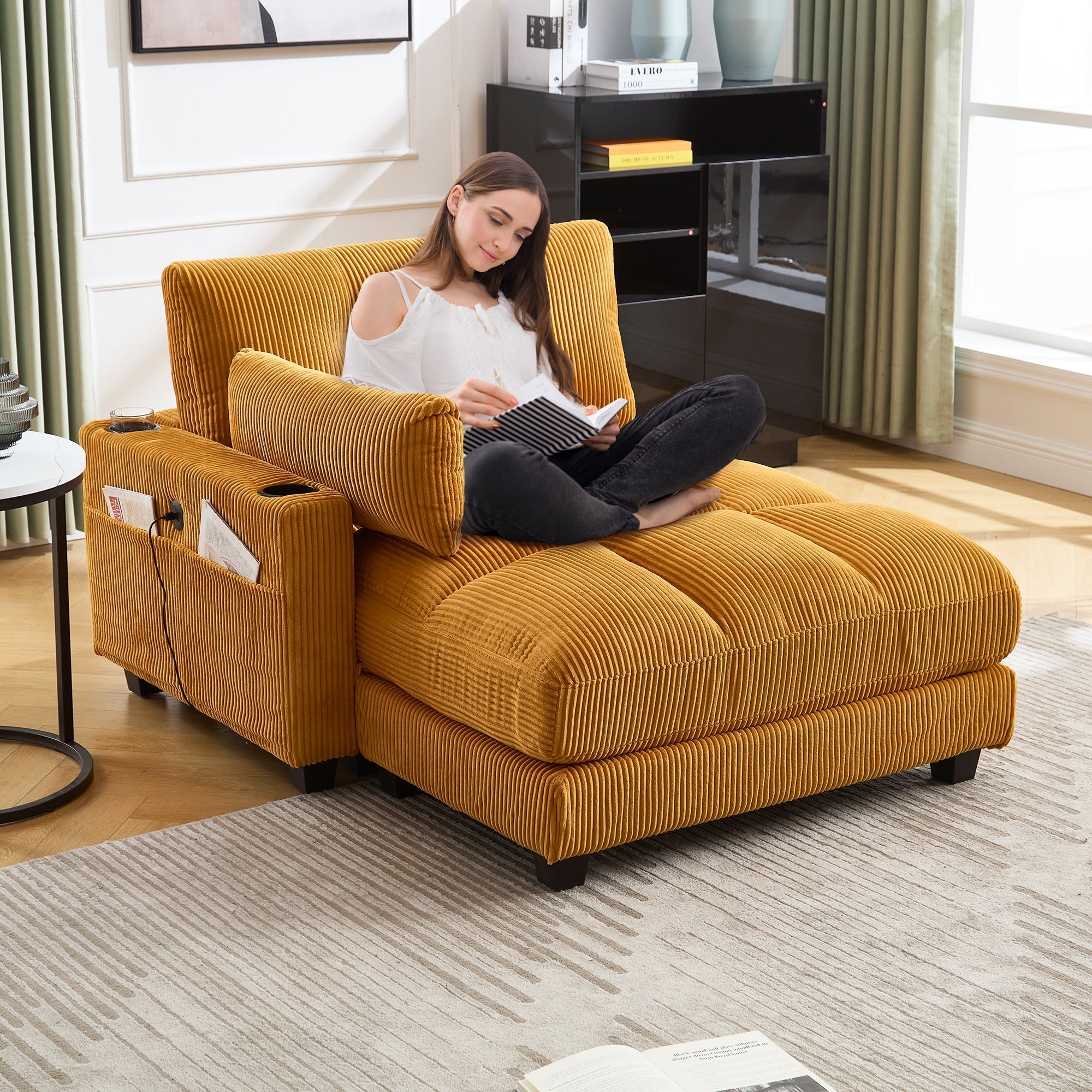 Palm Chair with Fluffy Cushions, Headrest, 3-Cup Holder & Side Pocket, Mustard