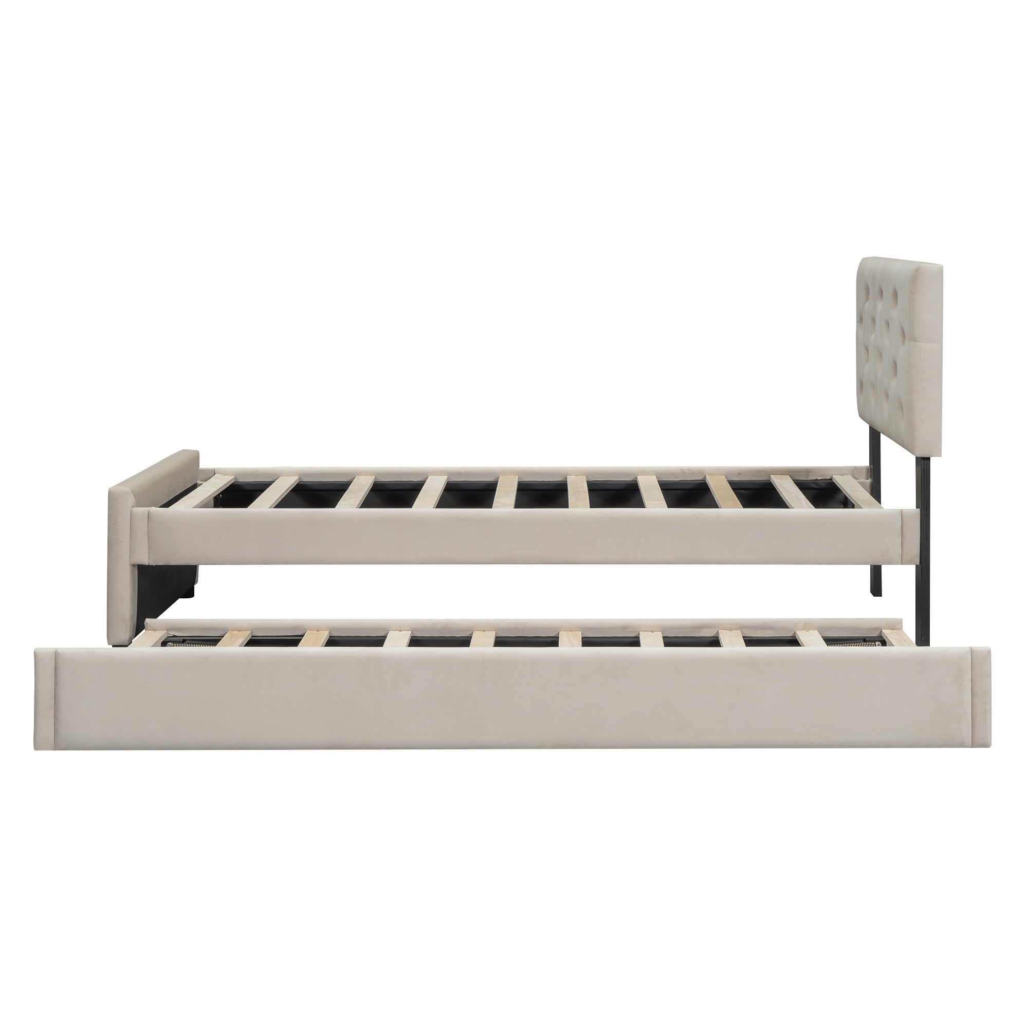 Upholstered Bed with Slatted Base and Rolling Storage, 90x200cm, Beige Velvet