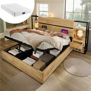 Wooden Double Bed 160×200cm Hydraulic Storage Headboard USB Charging Oak Color