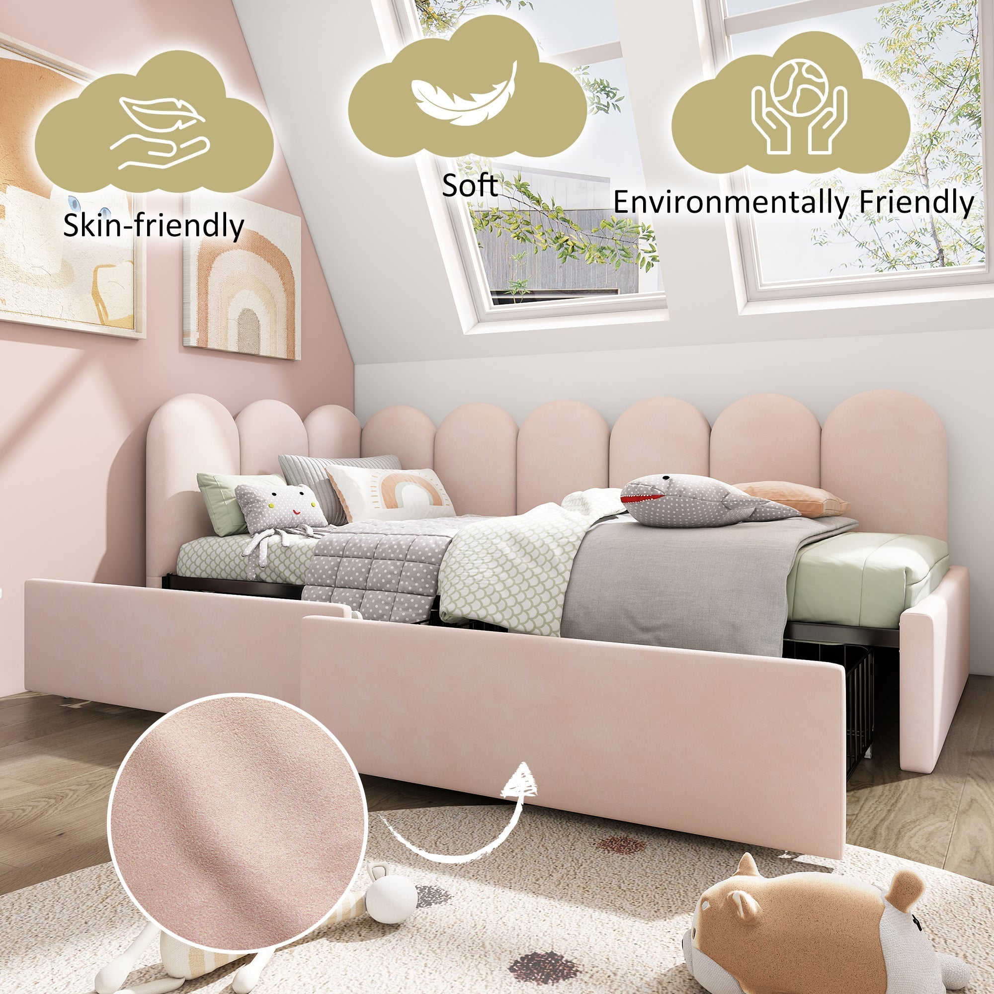 Upholstered Bed Daybed with Drawers Storage, 3FT Single Sofa Bed for Adults and Children, Velvet, Pink