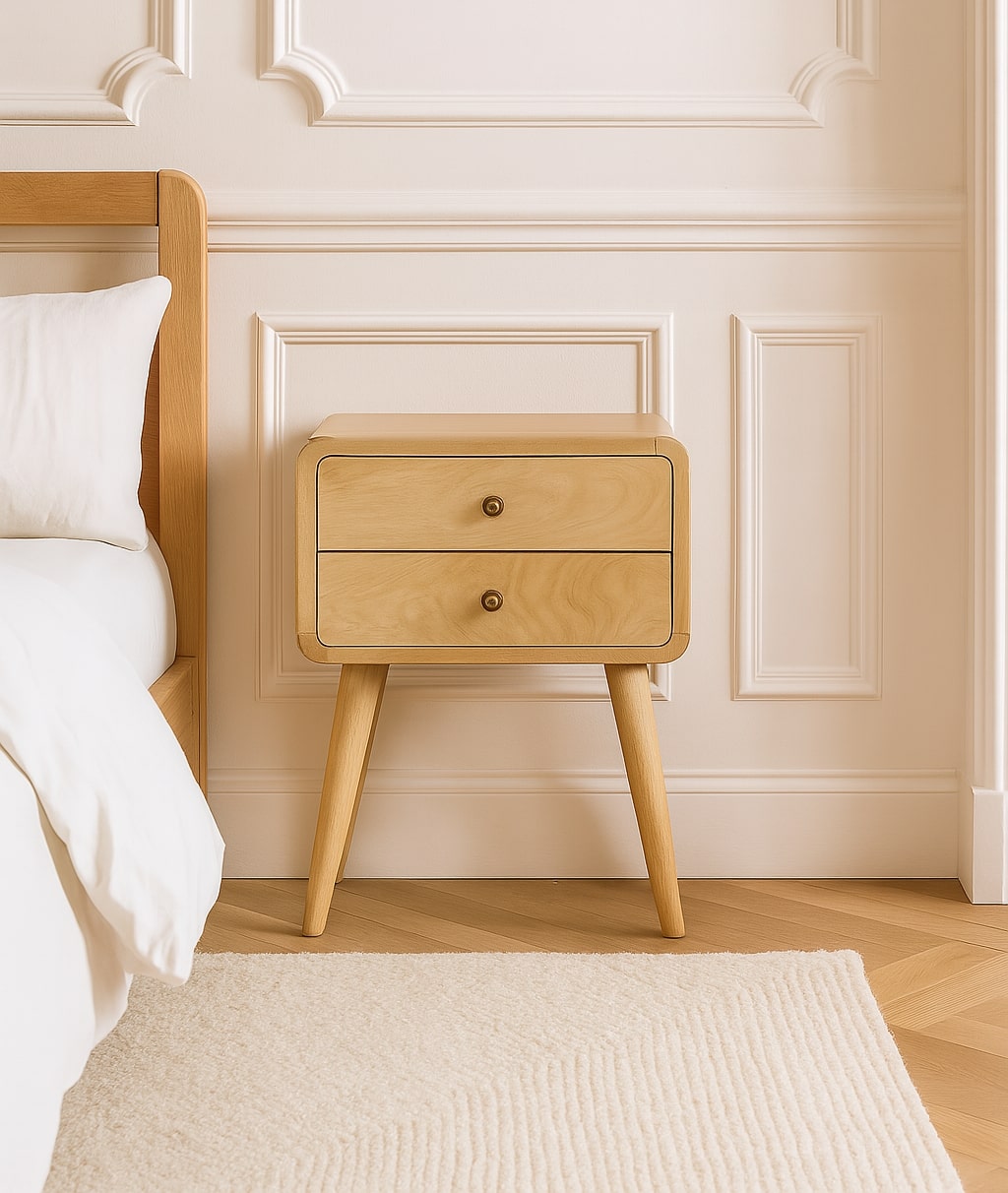 Solid Wood Bedside, Curved 2 Drawers, Oak-ish Brown