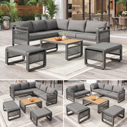 Garden Lounge Set, 6-7 Person Weatherproof Corner Sofa with Hand-Woven Rope and Cushions, Grey Iron