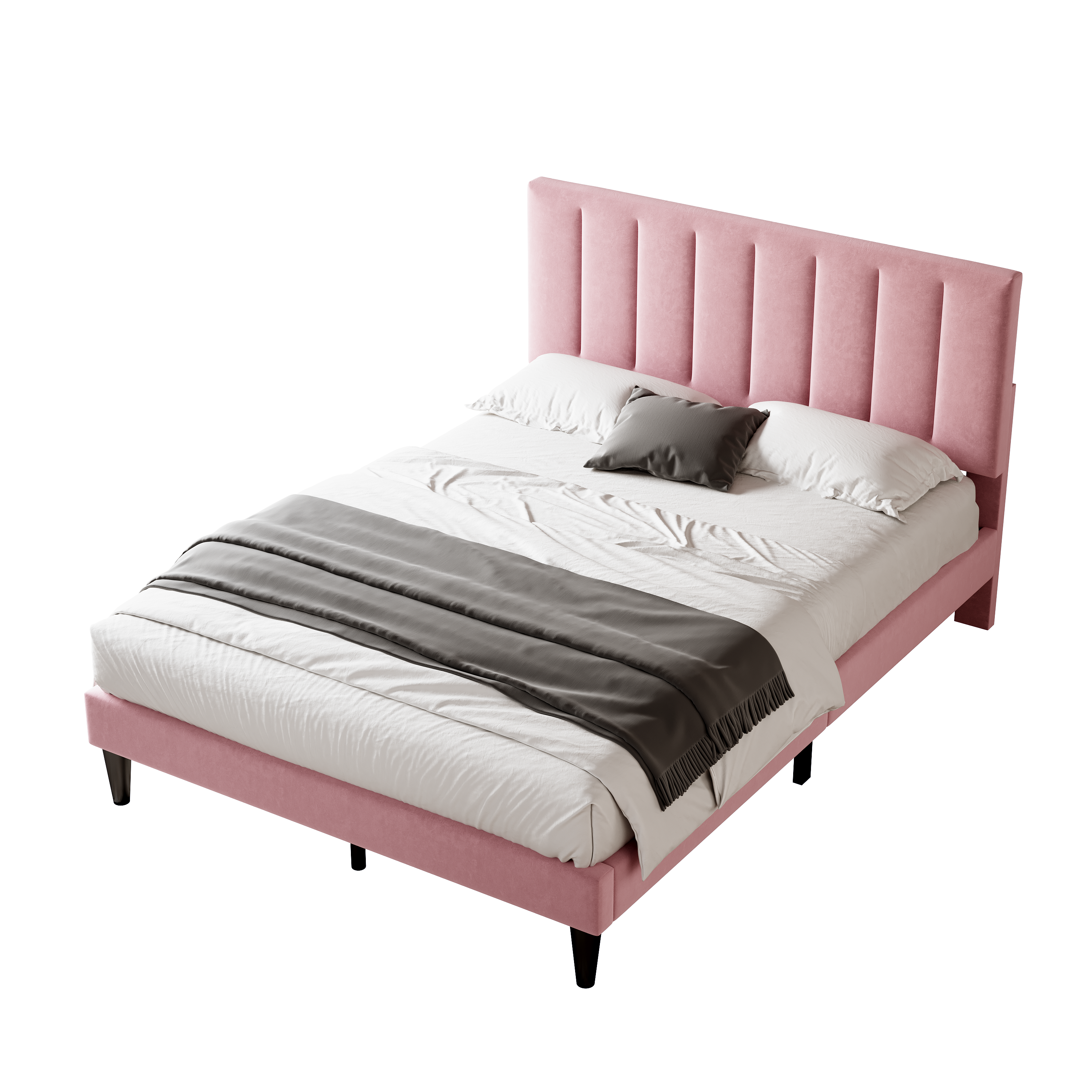 4ft6 Double Upholstered Velvet Bed Frame, Adjustable Channel Tufted Headboard, Pink