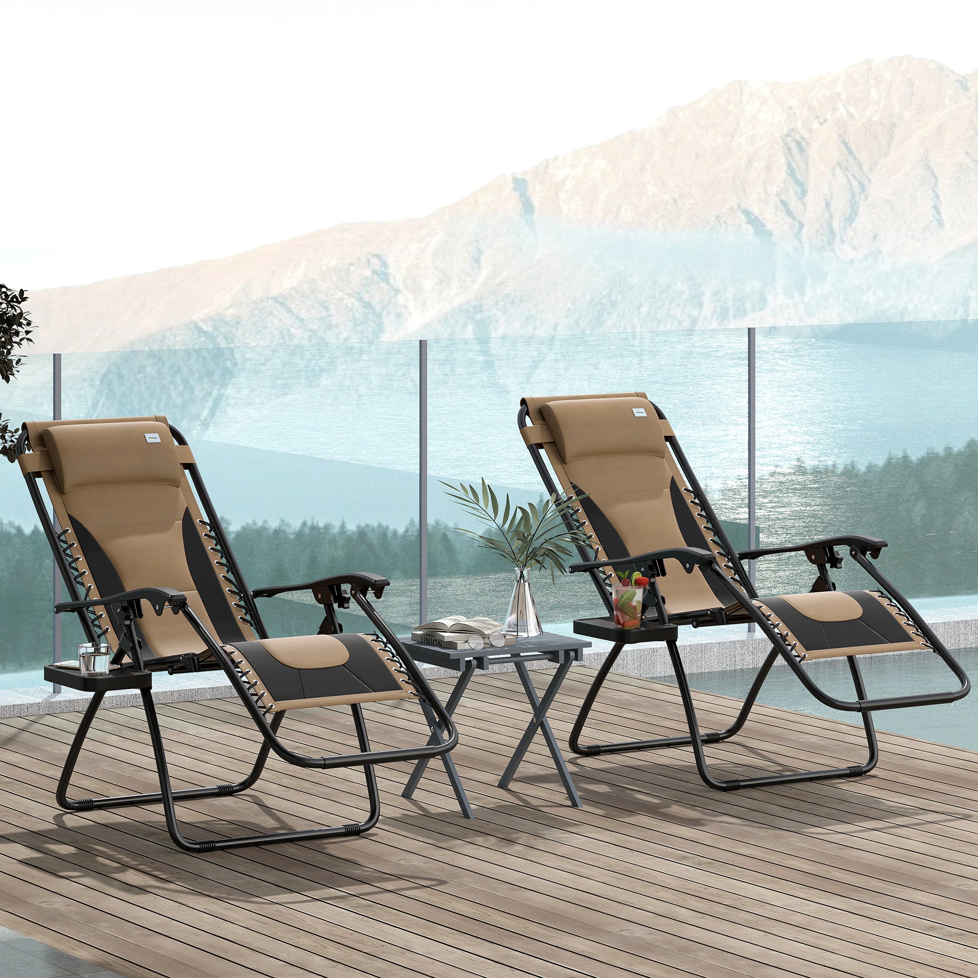 Zero Gravity Lounger Chair Set of 2, Folding Reclining Patio Chair with Padded Seat and Cup Holder, Coffee
