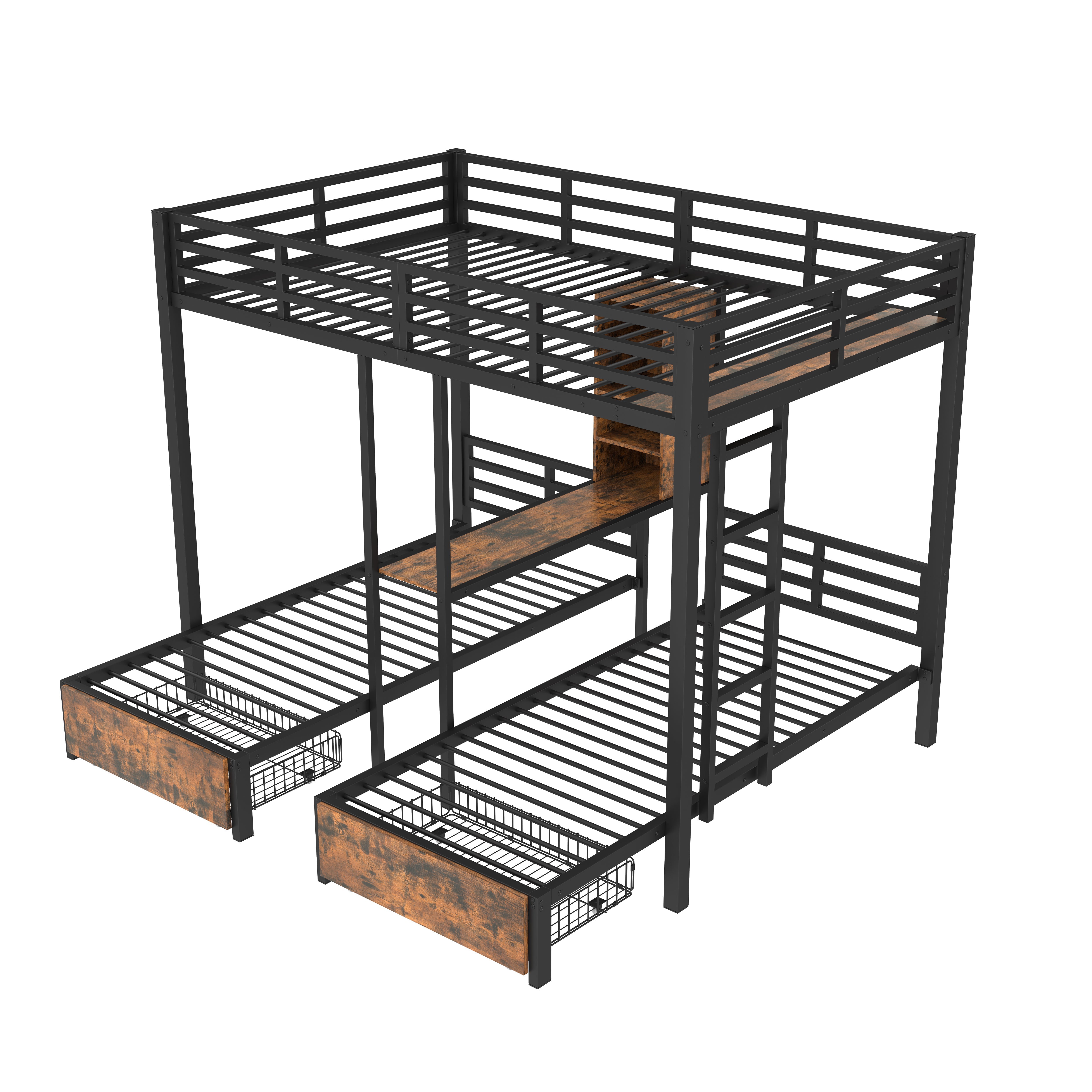 Bunk Bed Triple Sleeper 140x200/90x200cm with Storage Drawers and Shelves Black
