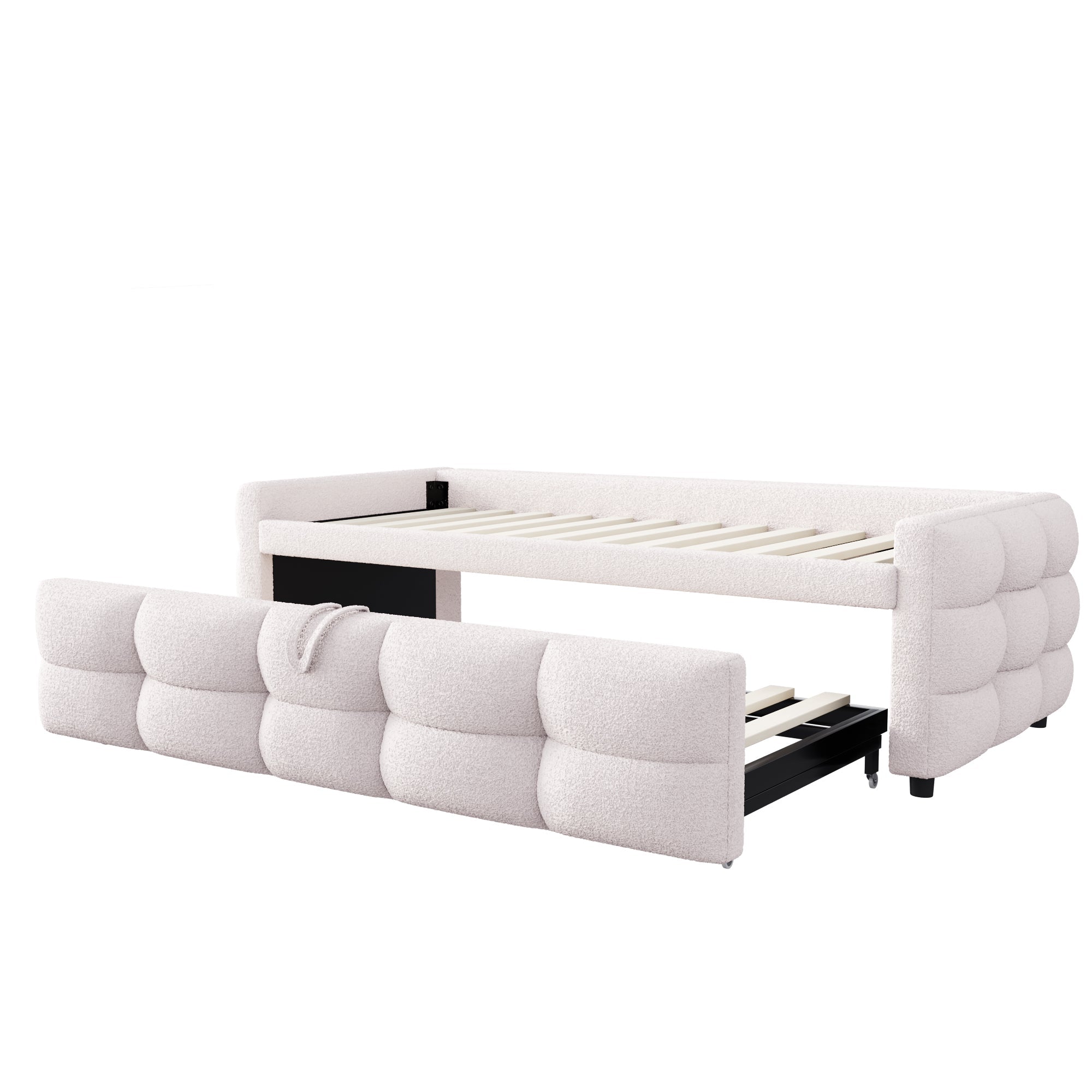 Extendable Upholstered Sofa Bed with Slatted Frame and 90/180x190cm Mattress Support, Beige Teddy Velvet