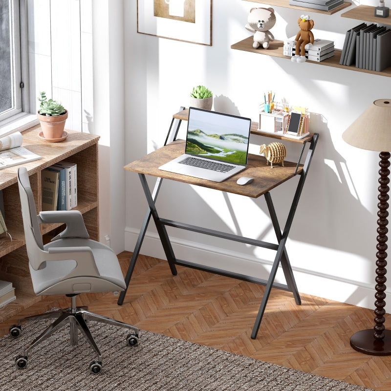 Folding Computer Desk, 81.5cm Monitor Shelf, Rustic Brown