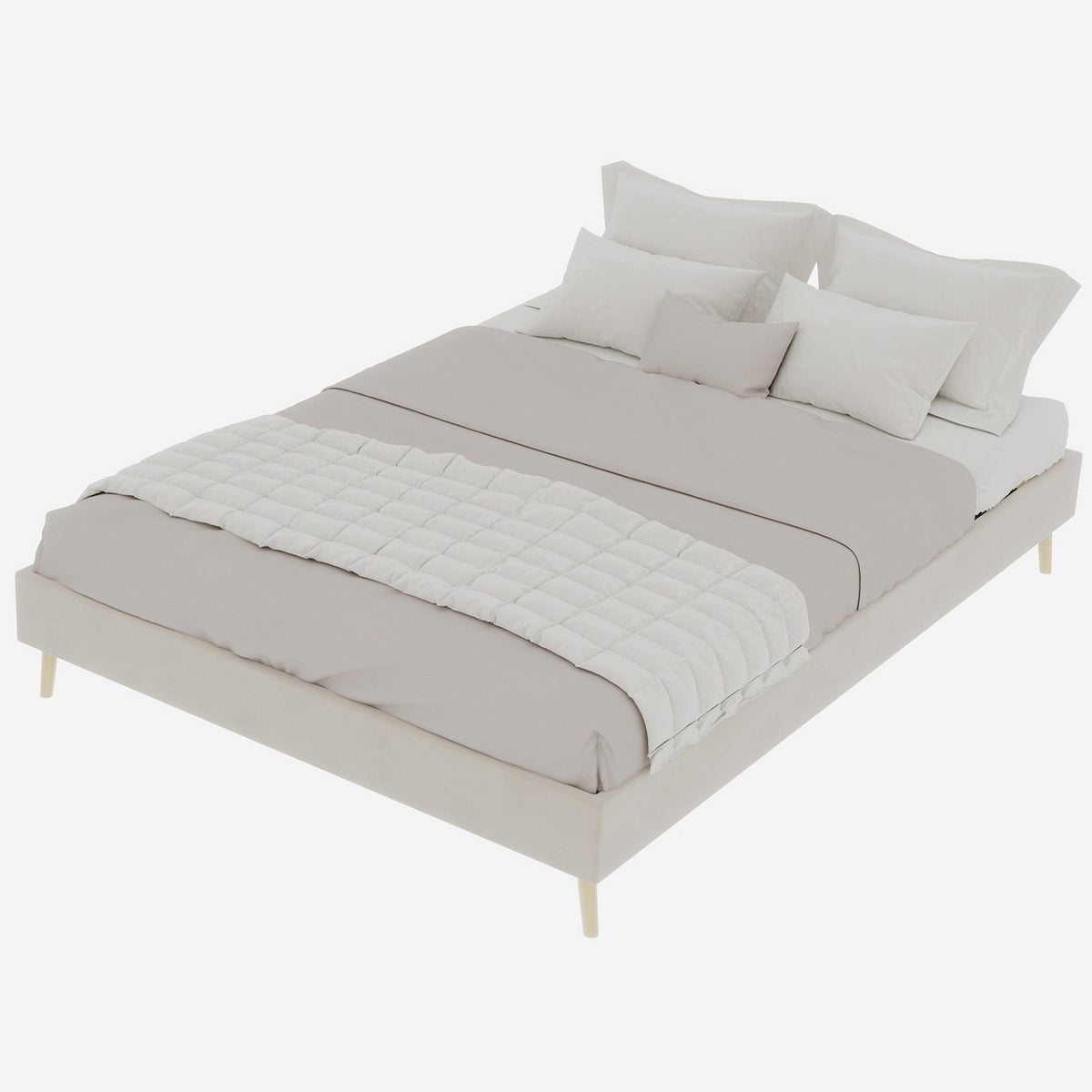 Modern Minimalist Bed Frame, 140x200 cm Low-Profile Base, Beige Dutch Velvet Fabric