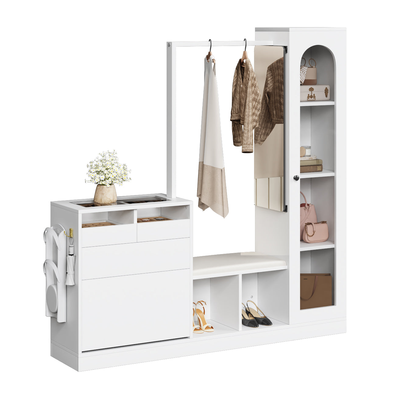 Entrance Combination, 6-in-1 Wardrobe Set, Dressing Table, Shoe Bench, Shoe Cabinet, Display Case with Color-Changing LED Light
