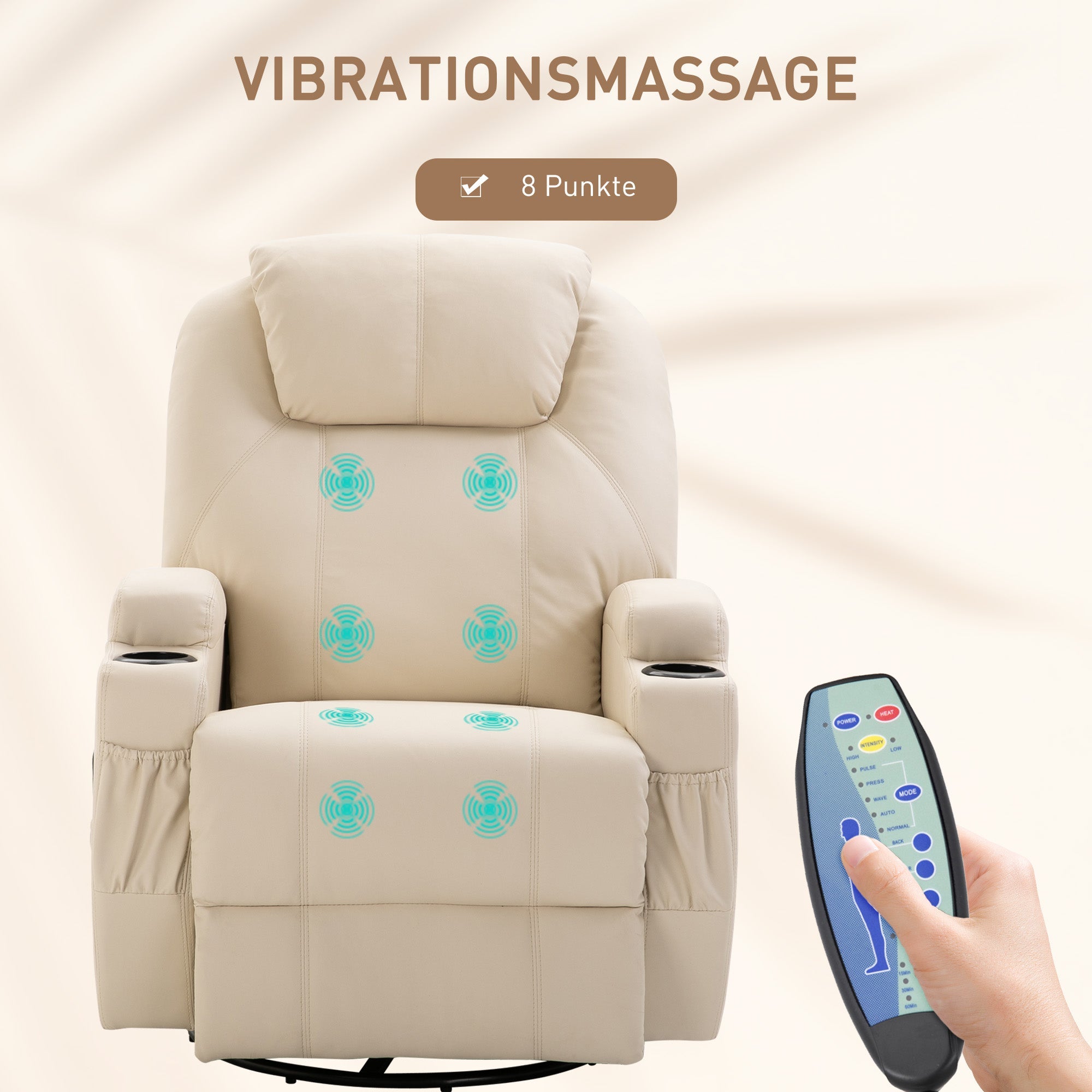 Reclining Armchair Electric Massage Chair 5 Modes Faux Leather Cream White