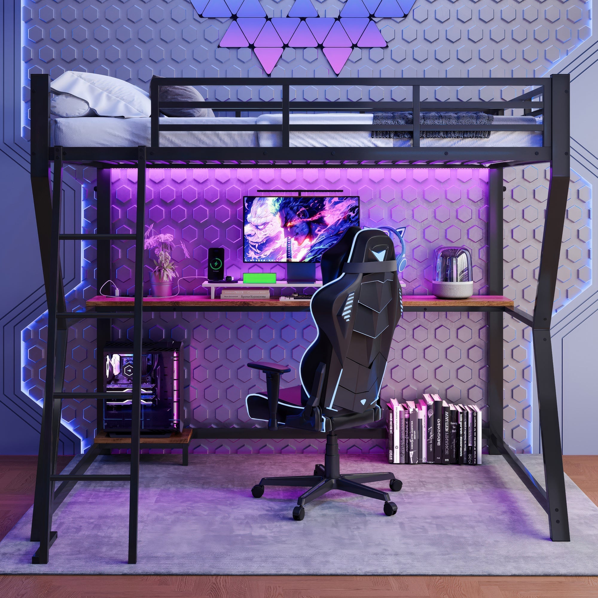 Loft Bed 90x200cm with Desk Storage Stairs LED Lights & USB Port Black