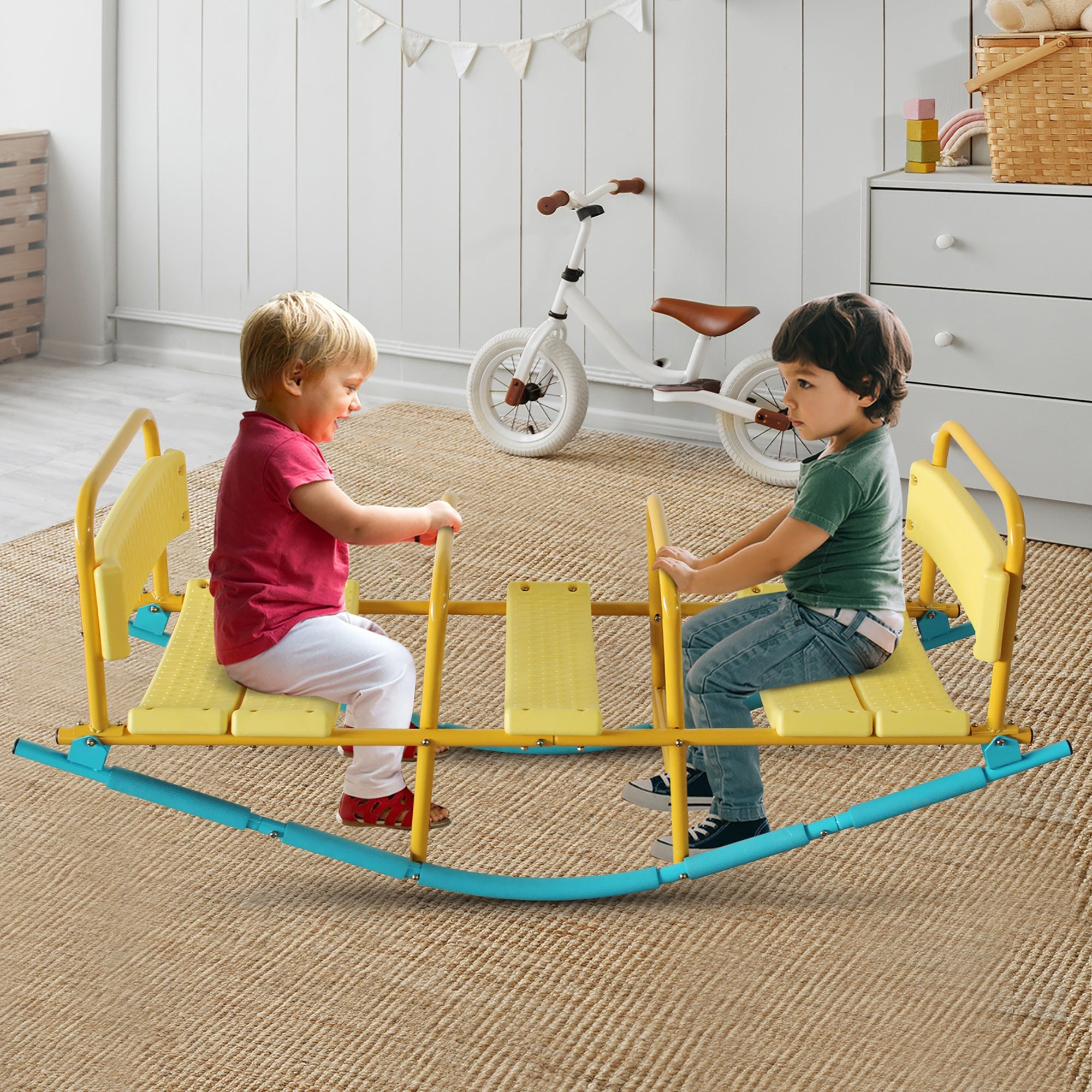 3-Person See Saw, Heavy-Duty Steel Frame, Blue/Yellow