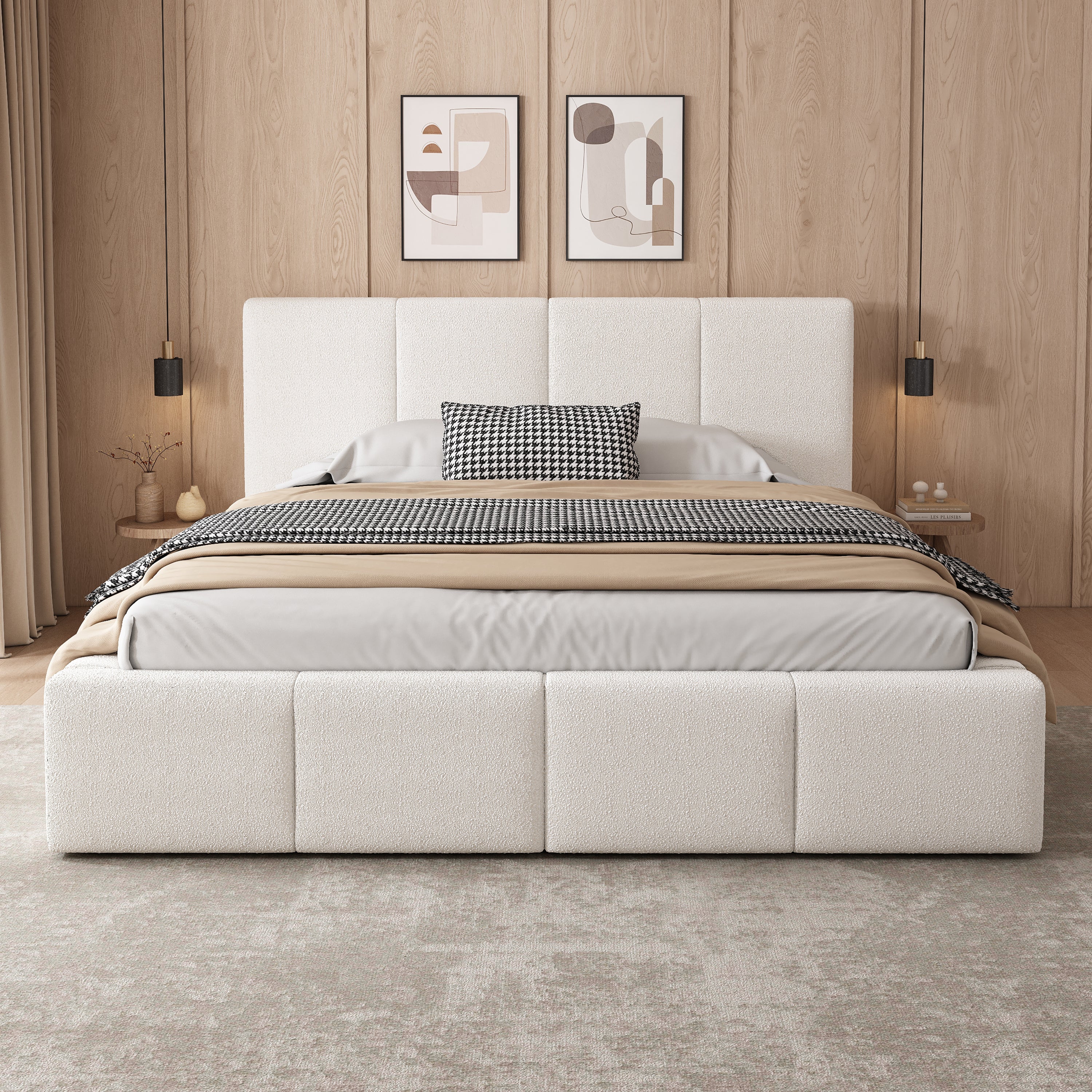 Upholstered Double Bed with Hydraulic Storage and Slatted Frame, 180x200cm, Beige Bouclé
