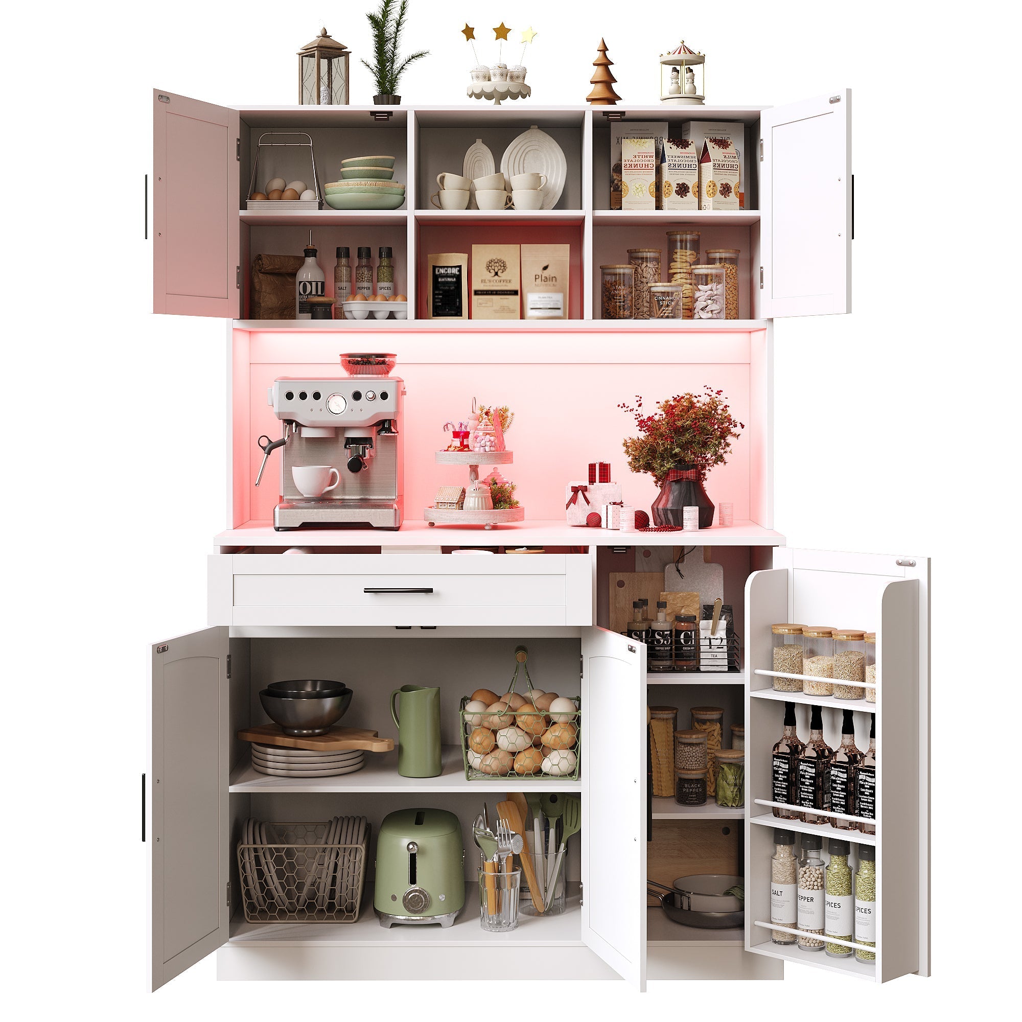 Tall Kitchen Sideboard with LED Strip and Built-in Socket, White