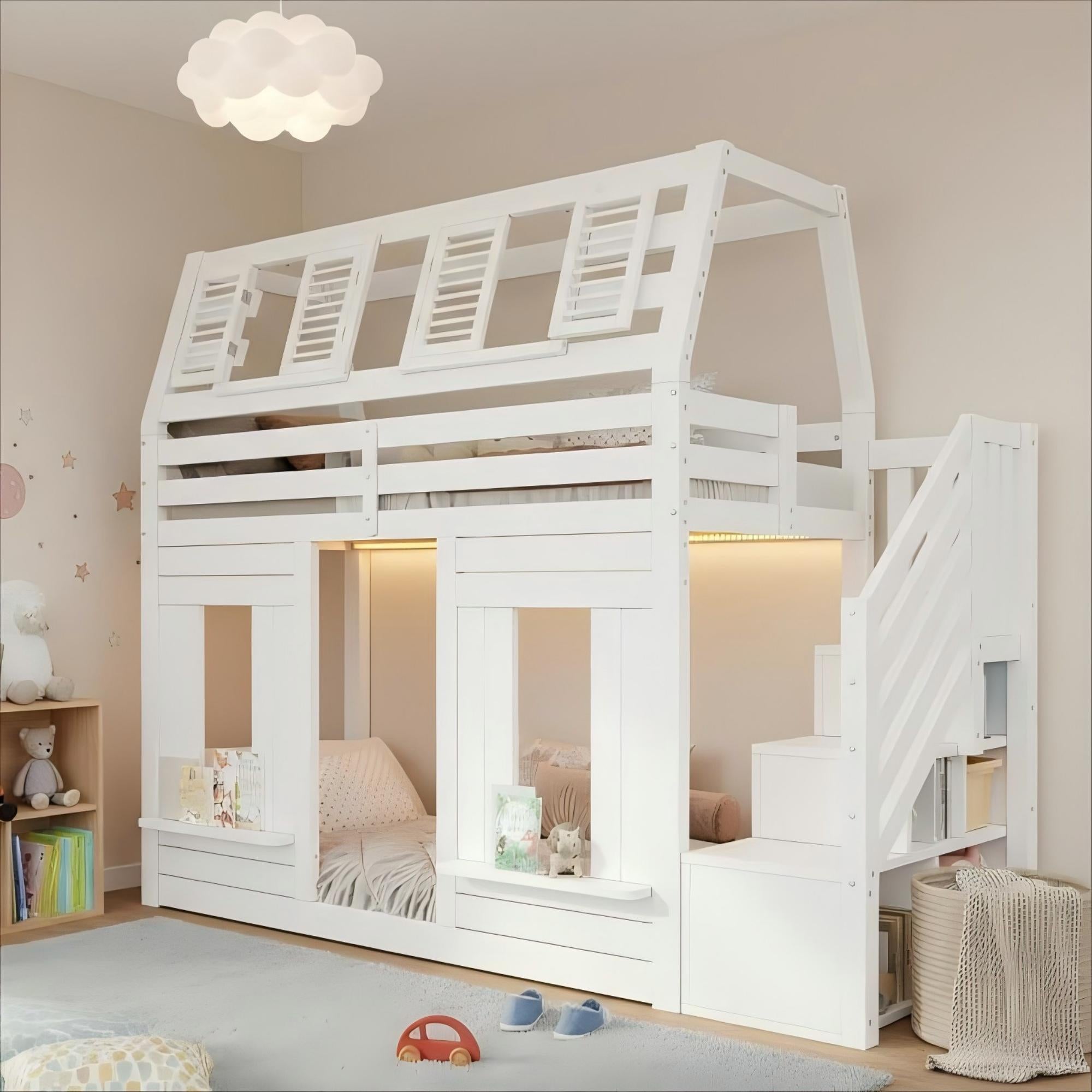 Bunk Bed with LED, Fall Protection and Storage Stairs, 90x200cm, White Wooden House Design