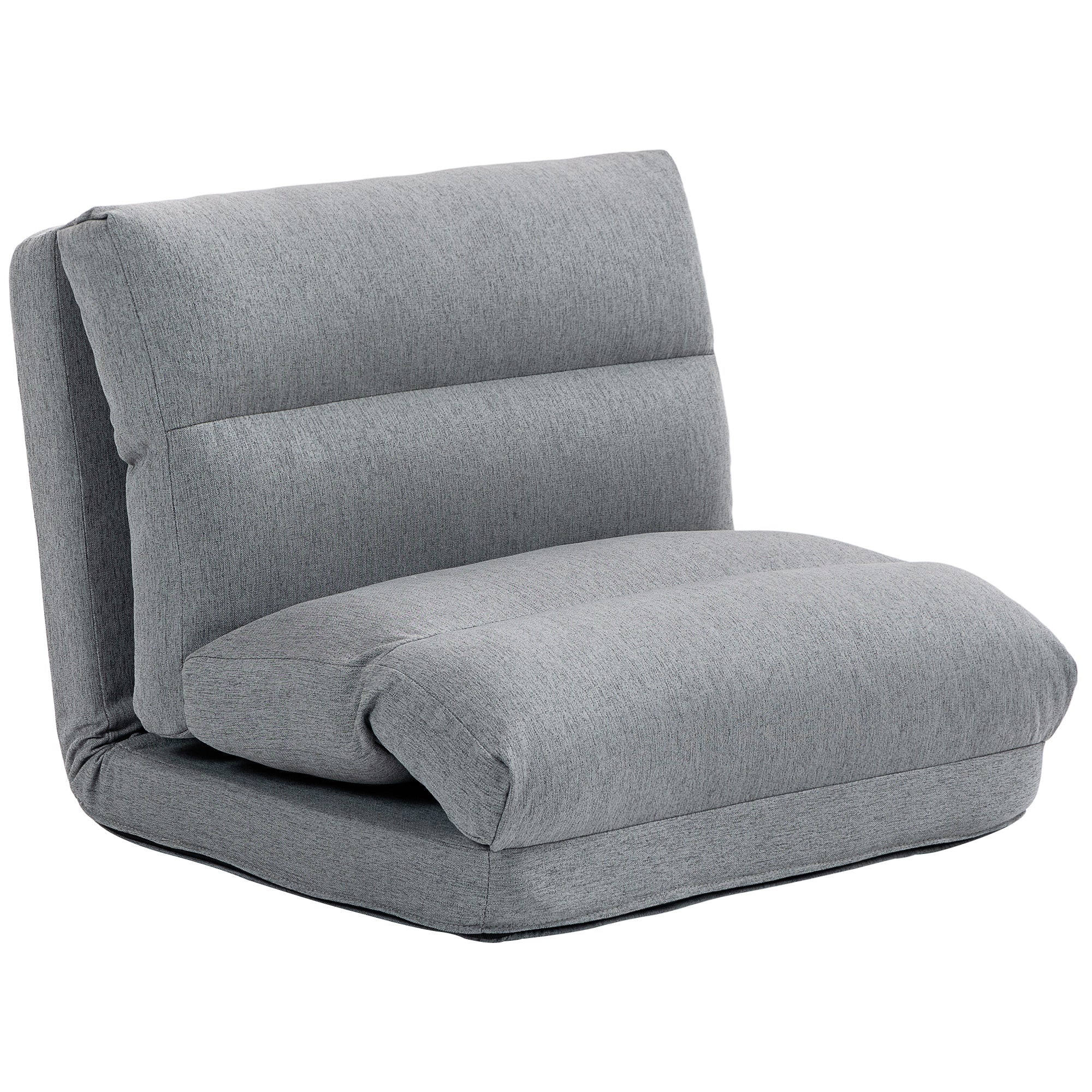 Folding Floor Chair, 6-Position Adjustable Backrest Bed Function Thick Cushion, Linen Look Grey