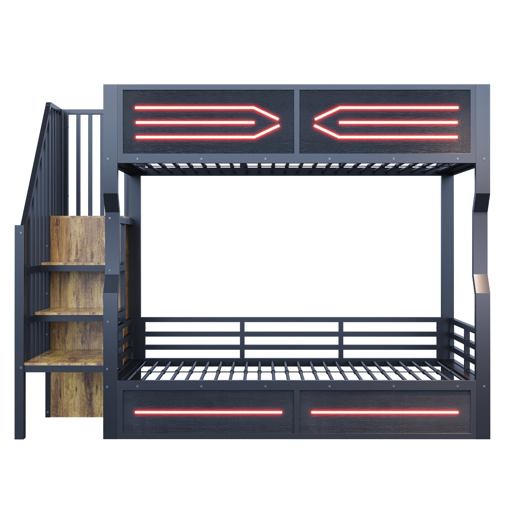 Loft Bed with Storage Stairs, LED Lighting and High Railing, 90x200cm, Black Iron