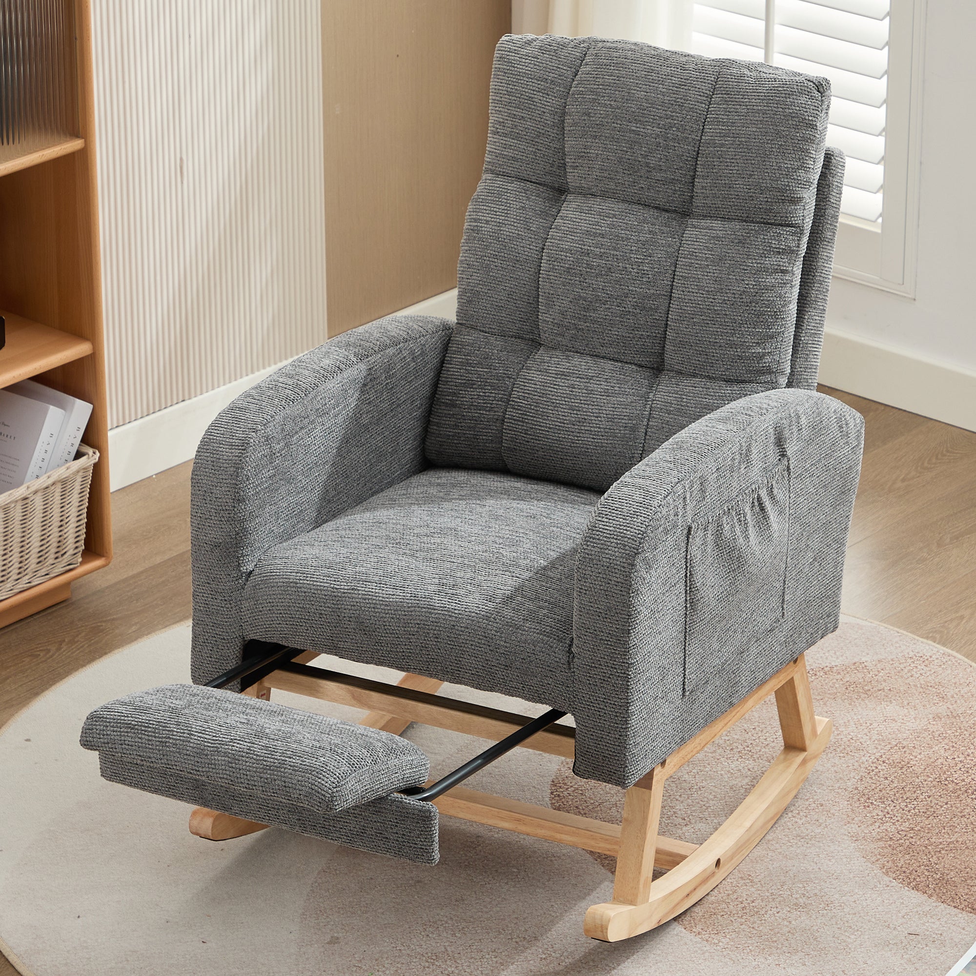 Rocking Chair with Adjustable Footrest, Solid Wooden Legs, Lounge Armchair, Grey Waffle Fabric