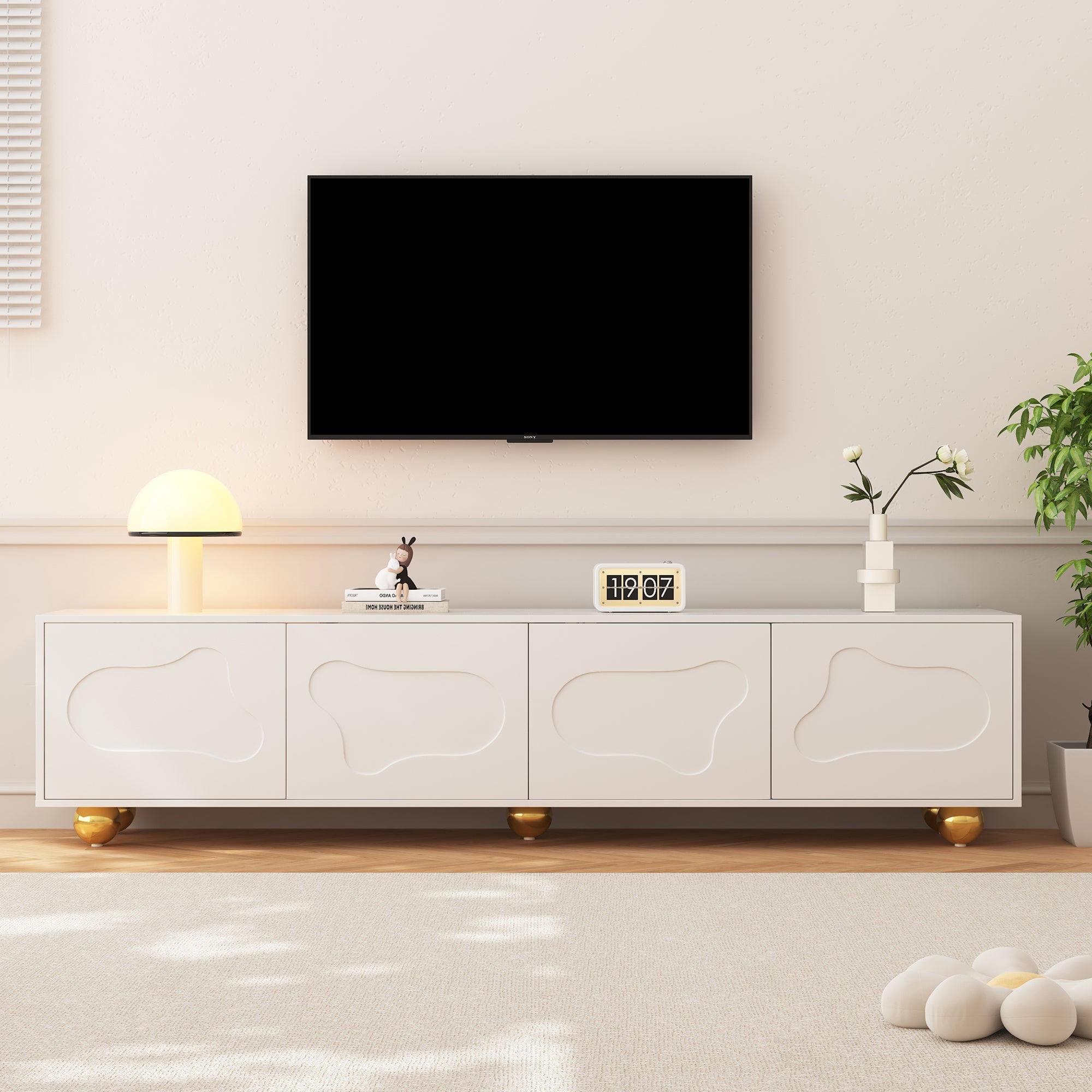 TV Cabinet, Cloud-Shaped Lowboard with 2 Cabinets, 75-inch
