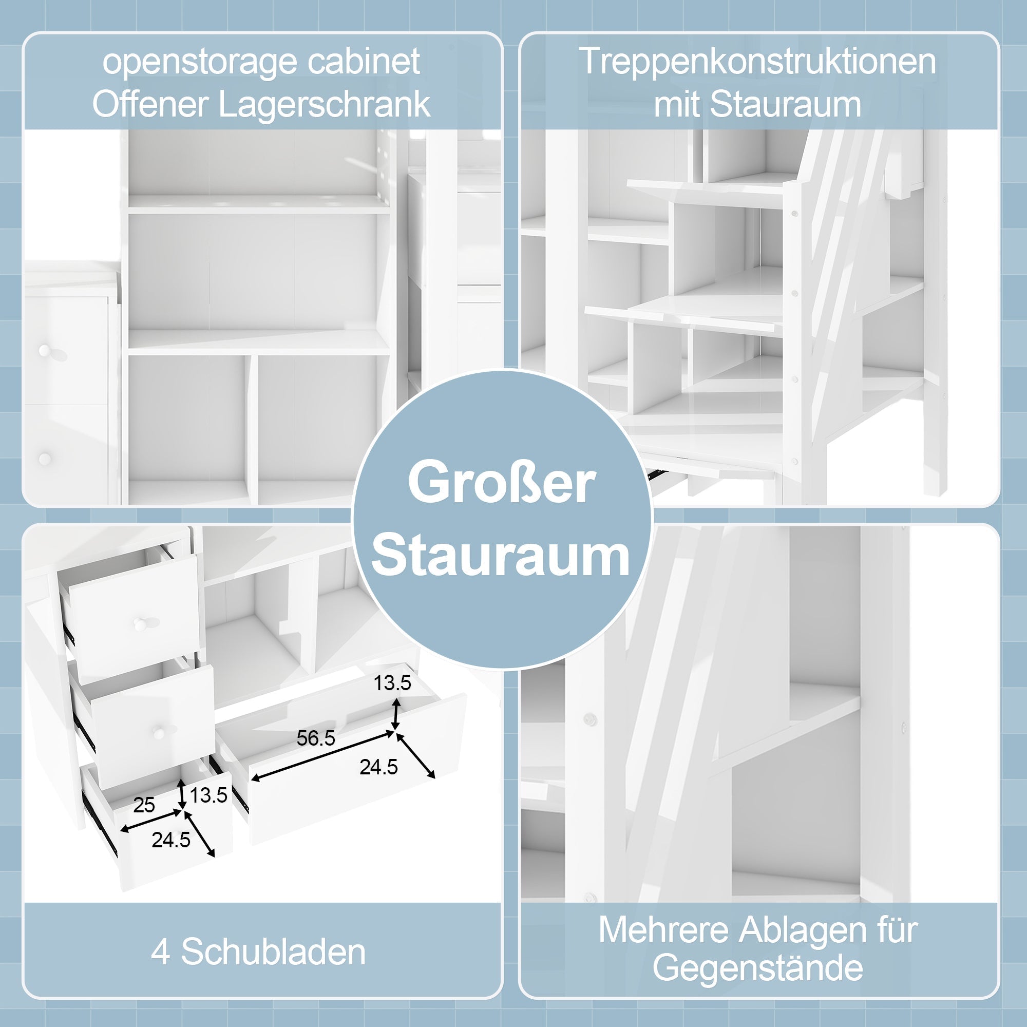 Loft Bed 90x200cm Desk Drawers Storage Stowable Ladder EN 747 Certified White