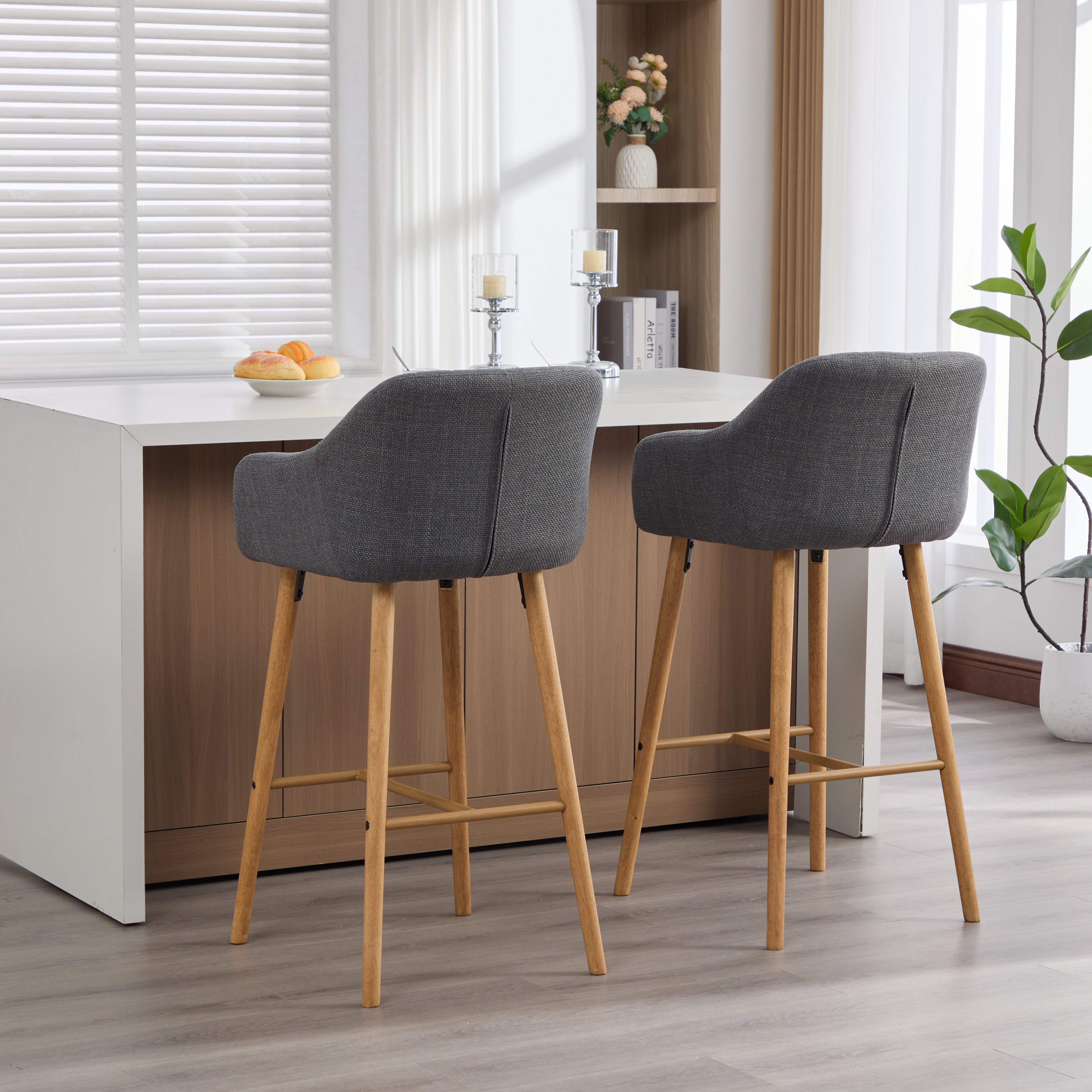 Modern Bar Stools Set of 2 with High Backrest and Armrests, Beige Linen