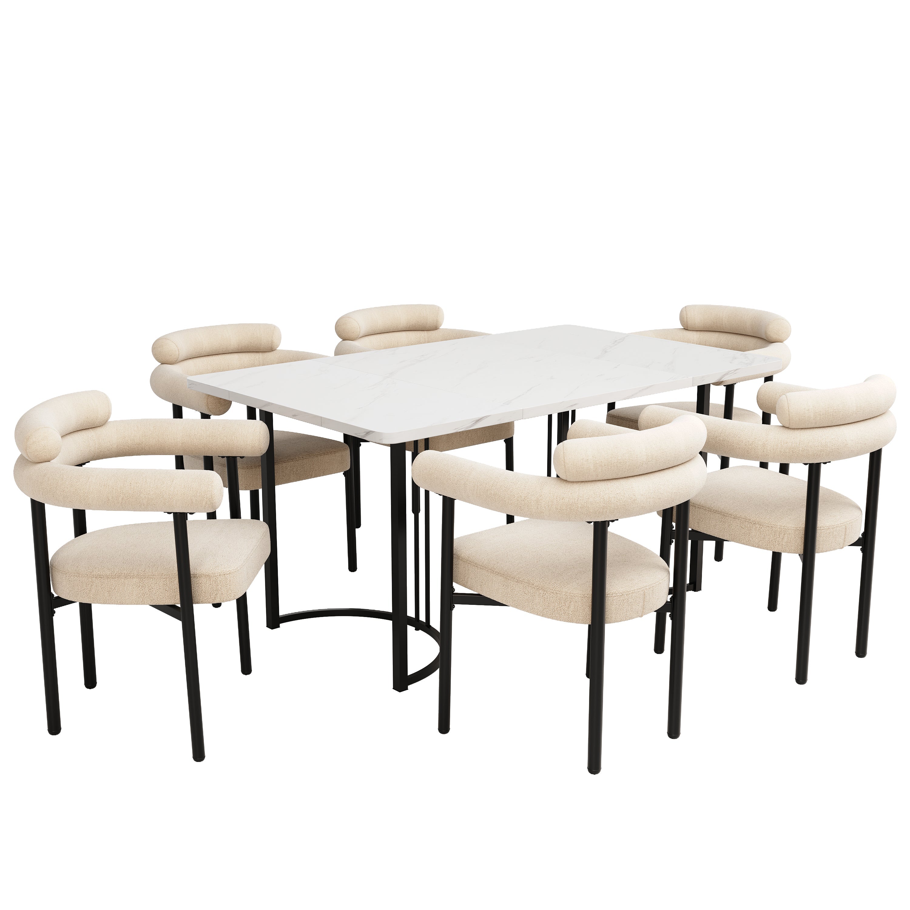 7-Piece Dining Table Set with 6 Hollow Armchairs Designer Metal Legs Cream Suede Fabric