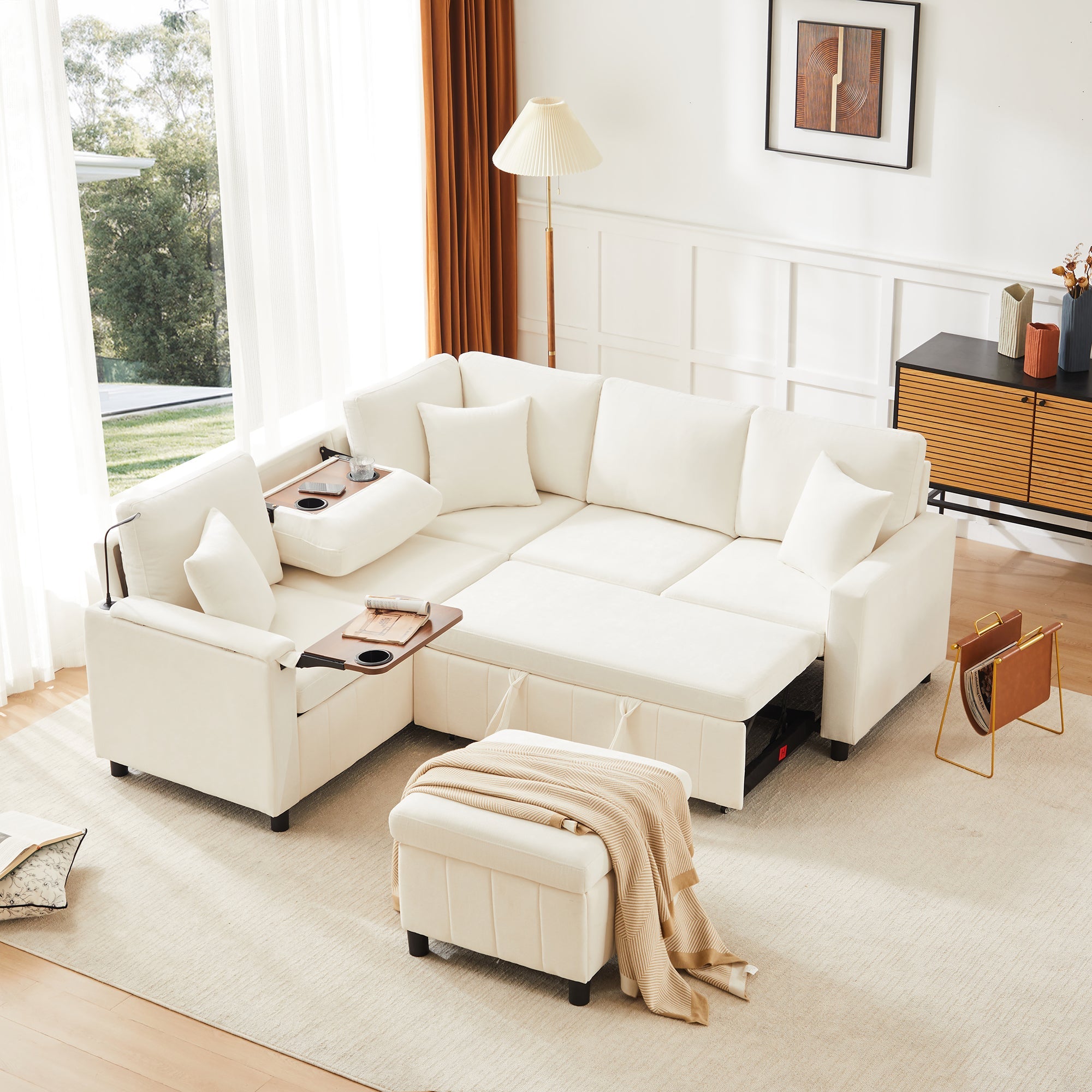 Chenille Corner Sofa Bed with Ottoman and USB Charging, Beige