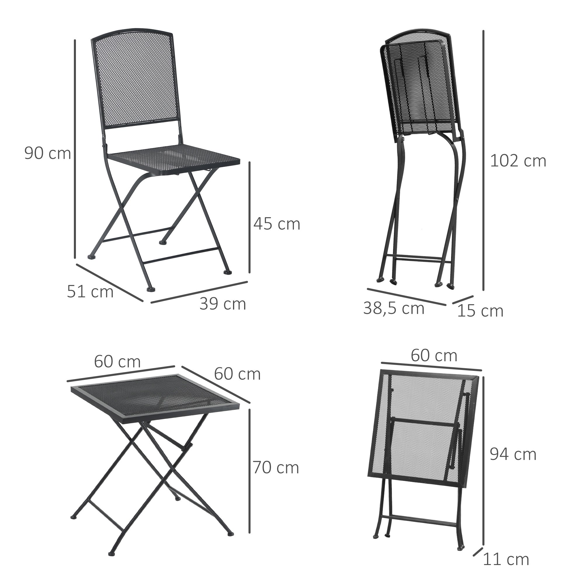 Garten-Bistro-Set, 3 Personen, 1 Tisch, 2 Klappstühle, Metall Grau