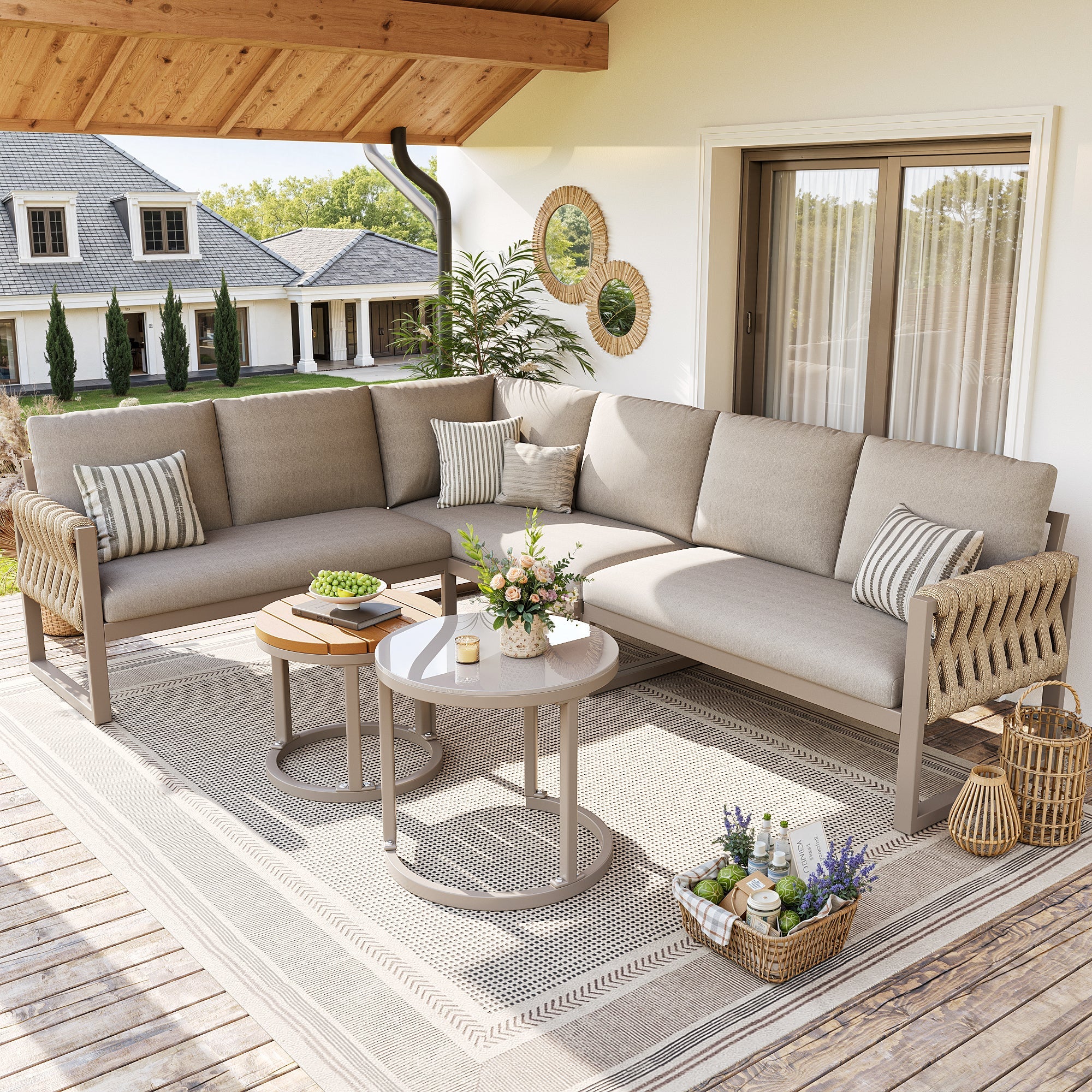 Garden Lounge Set Modular 5-6 Seater Adjustable Legs Water-Repellent Cushions - Beige