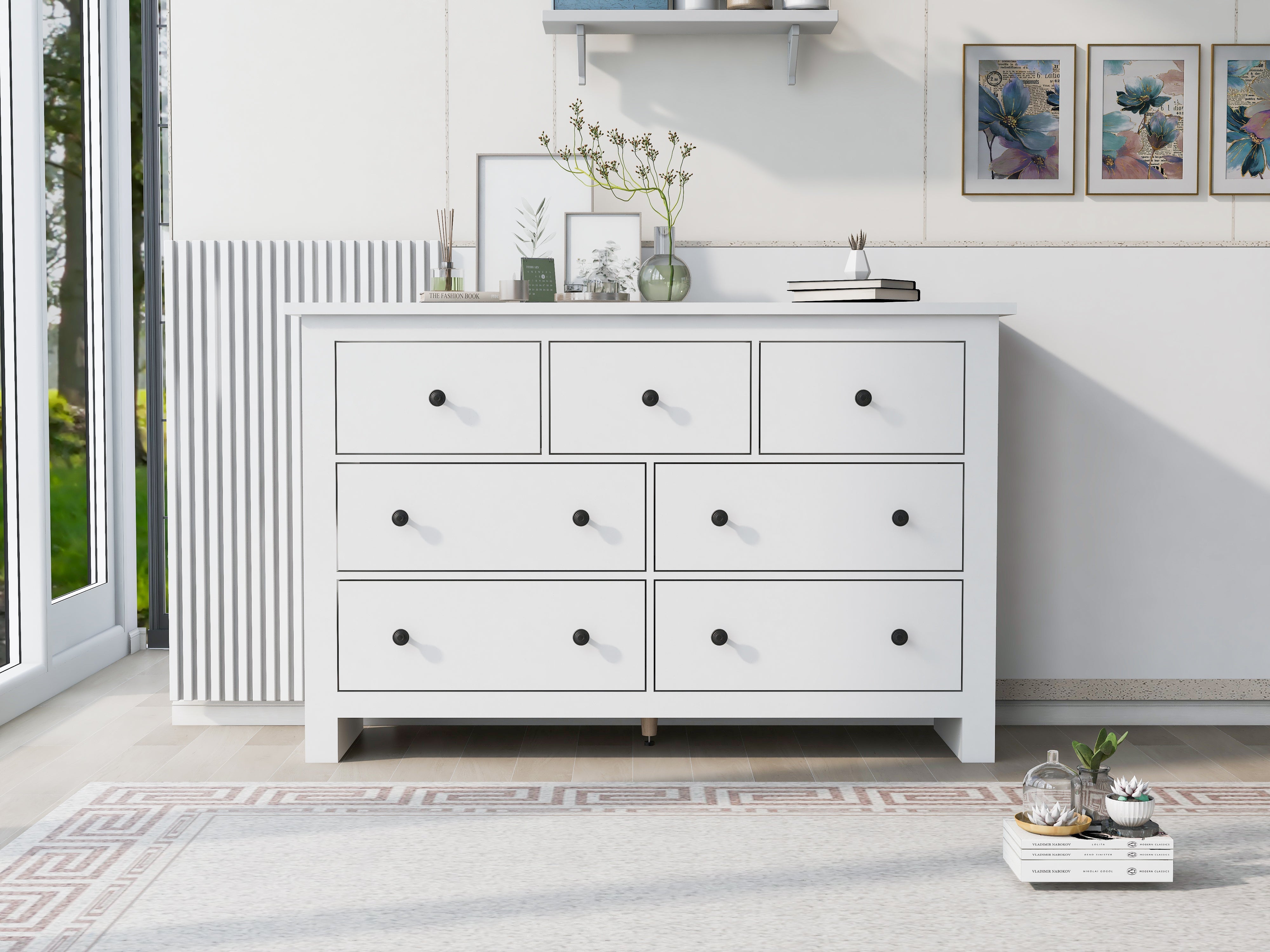 Sideboard with 7 Drawers, Kitchen & Living Room Storage Cabinet, White