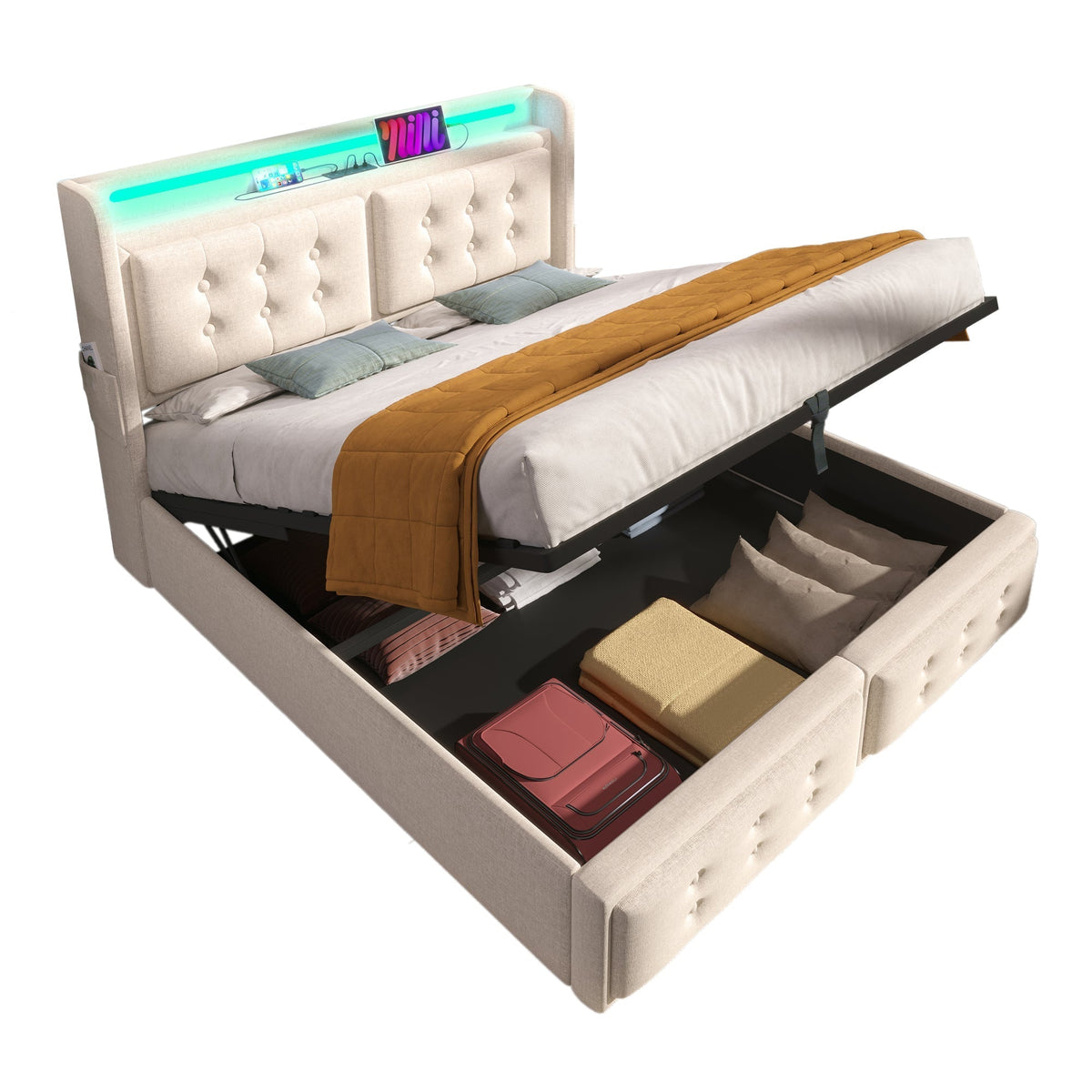 Upholstered Bed 140x200 Double LED Headboard USB Hydraulic Storage, Beige Cotton (with Mattress)
