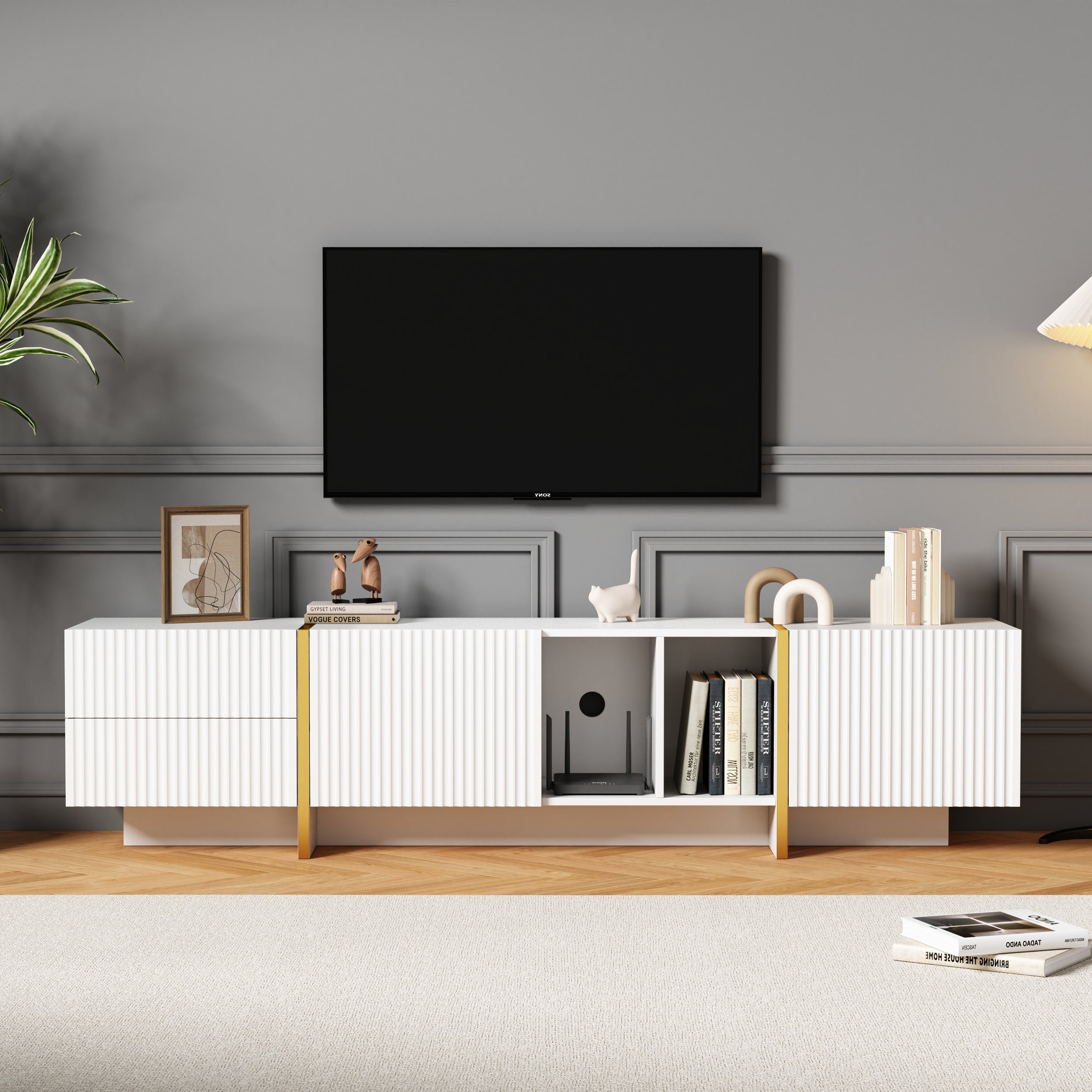 TV Stand for 85inch TV, Entertainment Center with Storage & Open Shelves, Embossed Pattern, White