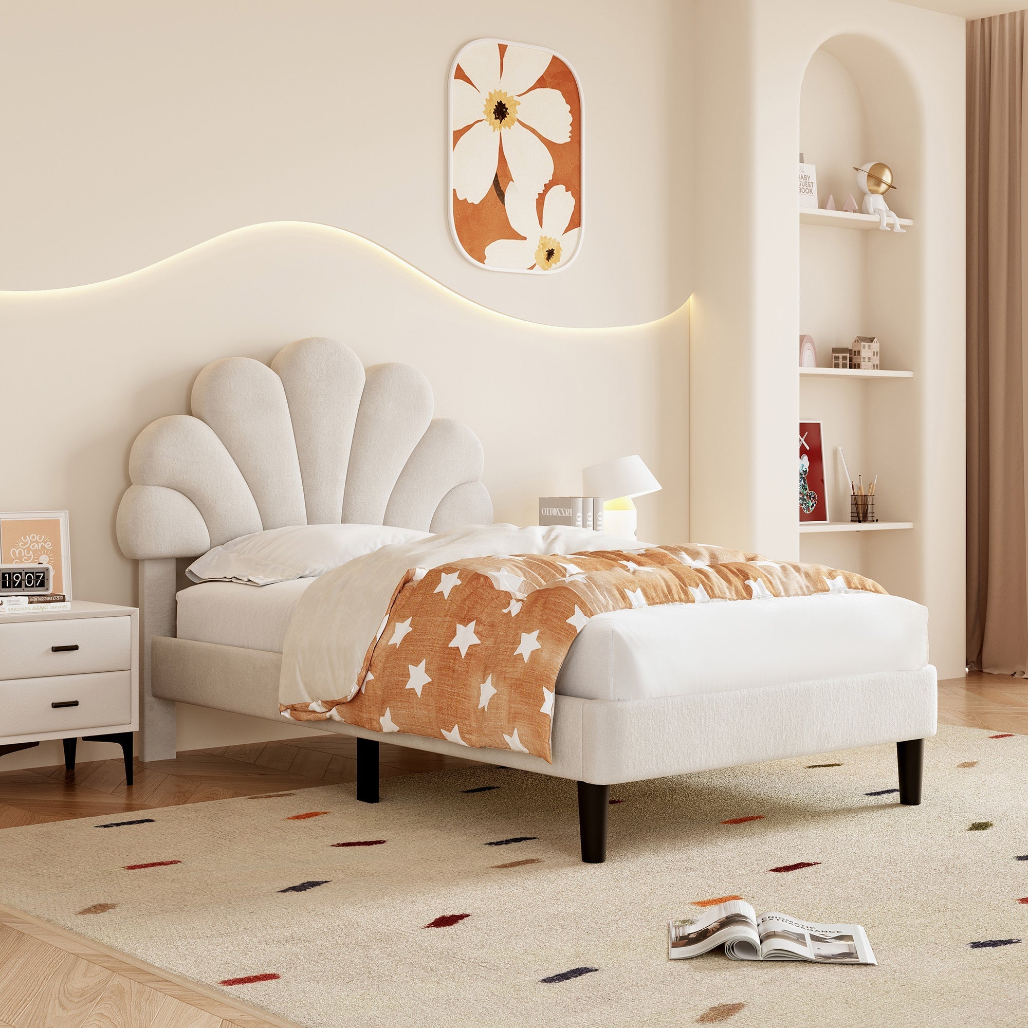 3ft Single Upholstered Velvet Bed Frame with Adjustable Chic Petal Headboard, Beige