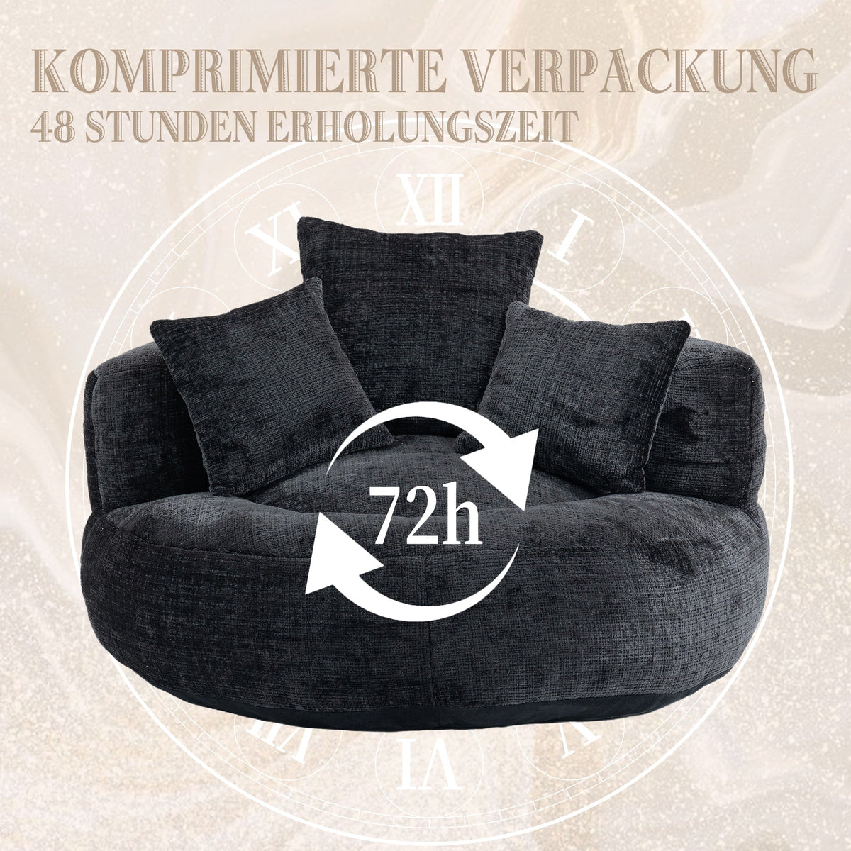 Lazy Sofa High Back Beanbag Chair with Three Cushions, Indoor/Outdoor, Black Chenille