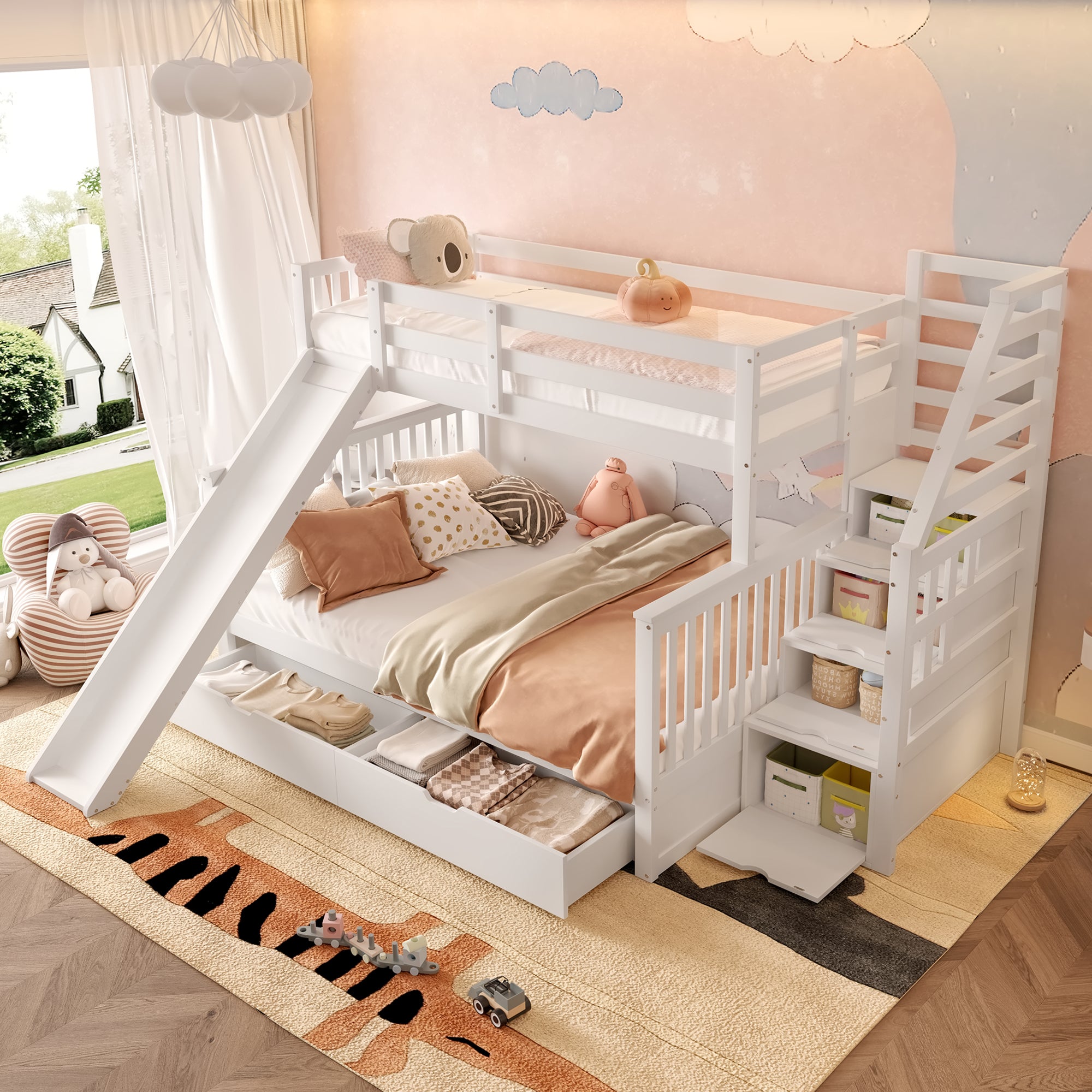 Bunk Bed 90x200 over 140x200 with Drawers Storage and Slide - White