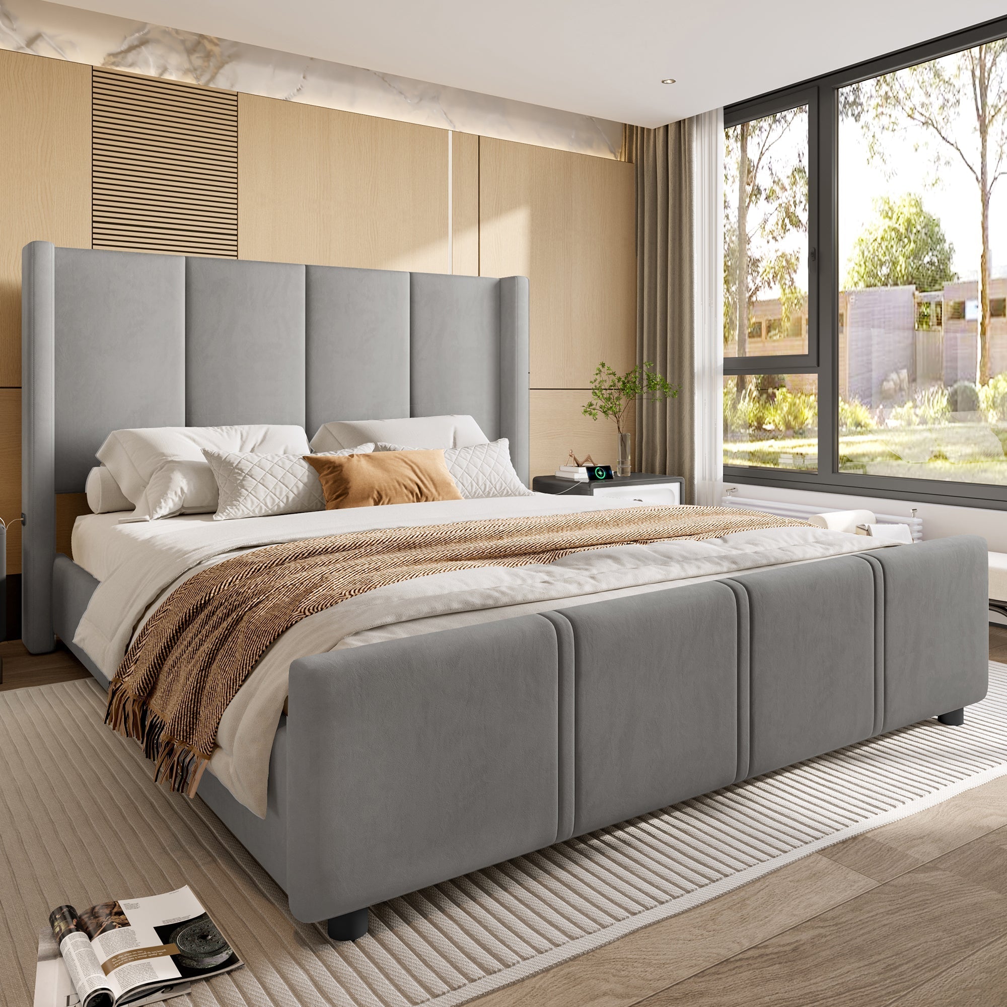Upholstered Bed Frame, 160x200cm Modern with USB Port, Iron & Wood, Grey