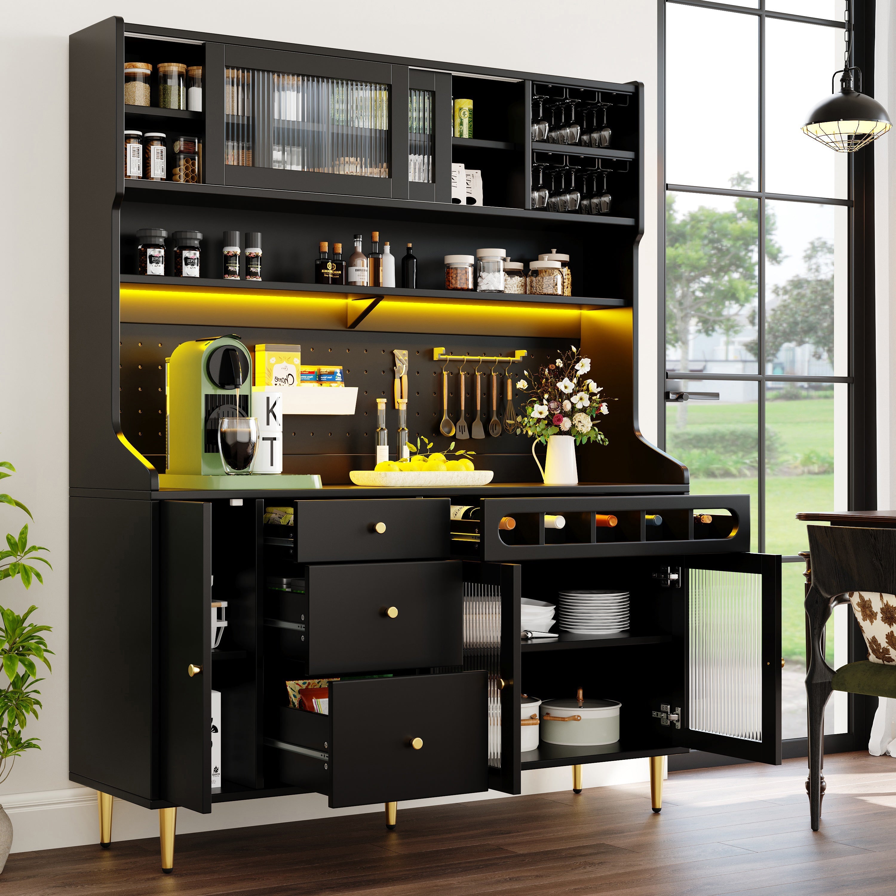 Tall Cabinet Adjustable Shelves LED Lighting Wine Rack Black