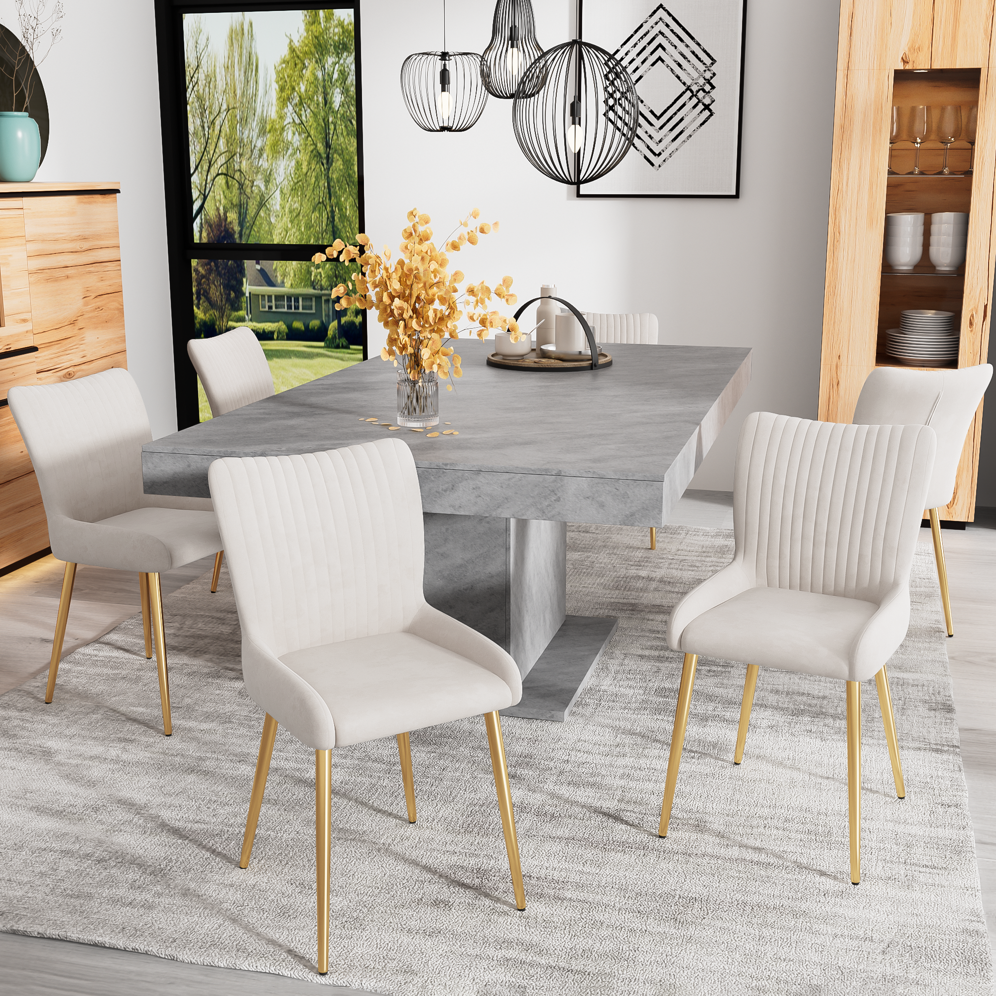 Velvet Dining Chair Set of 6 with Gold Metal Legs and Lumbar Support, Beige