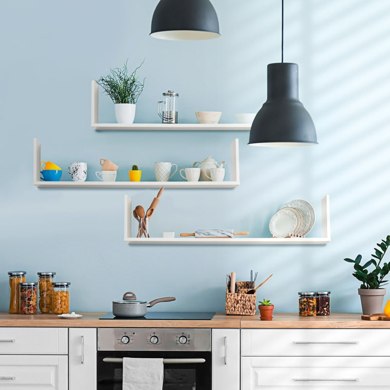 Set of 3 U-Shaped Floating Shelves Wall Mounted Storage Display, White Wooden