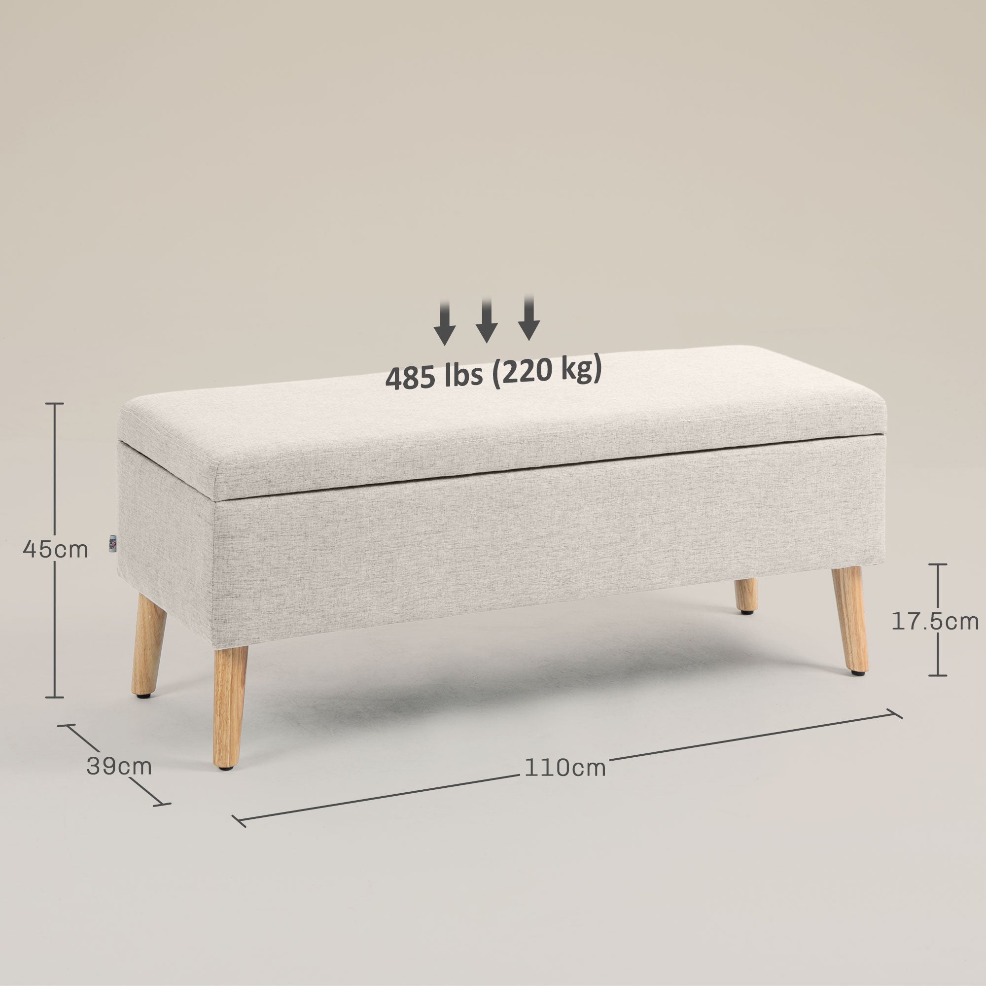 Upholstered Bench with Storage, 110 x 39 x 45 cm, Linen Beige