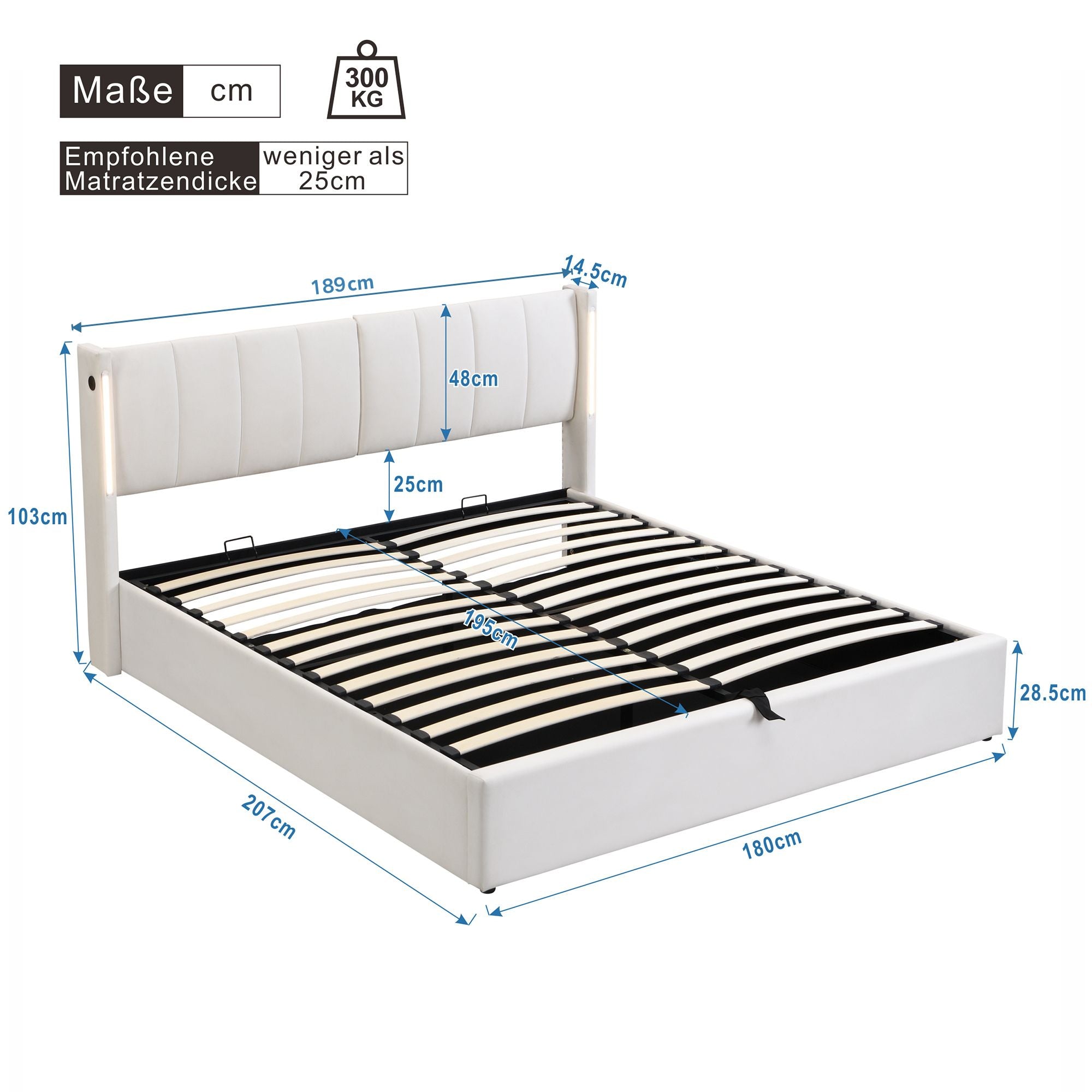 Upholstered Bed 180x200cm Hydraulic Storage LED USB Adjustable Headboard - White PU