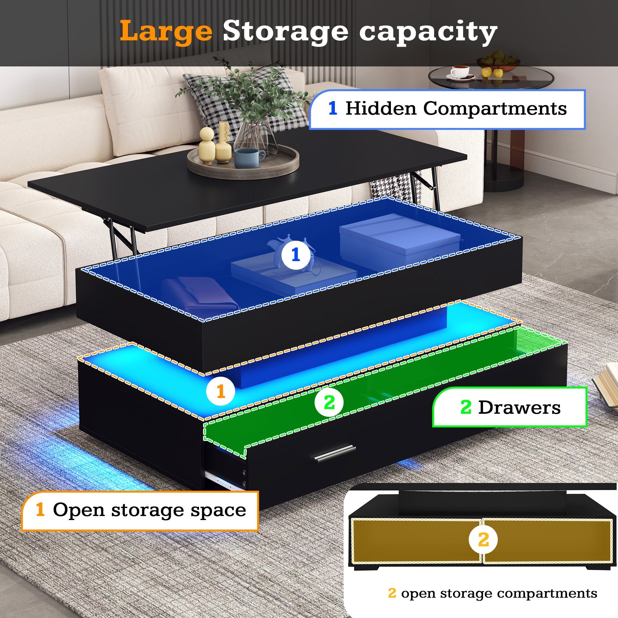 Hydraulic Lift Top Coffee Table, LED with Storage & 2 Drawers, Black