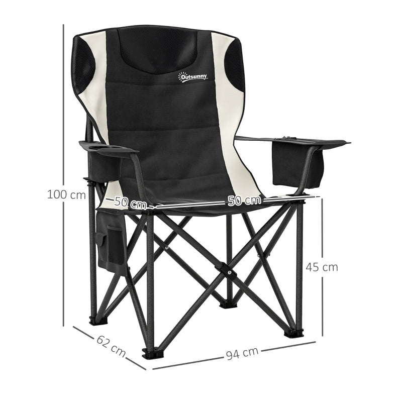 Folding Chairs, Set of 2, Camping with Armrests, Cup Holder, Headrest, Cooler Bag, Padded, Metal/Fabric